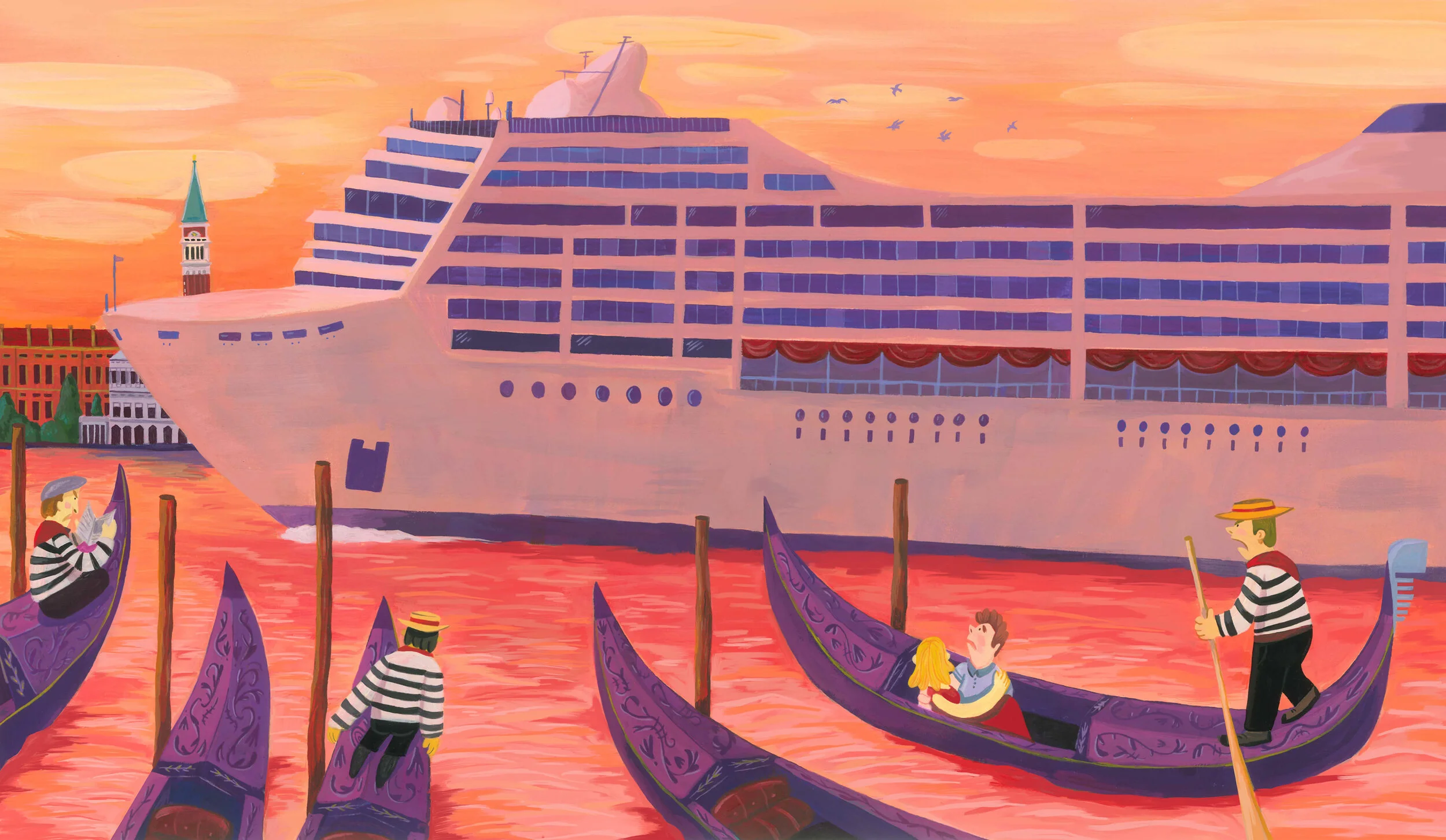 A colorful painting of a sunset scene in Venice, Italy, featuring gondolas with gondoliers and a large cruise ship in the background.