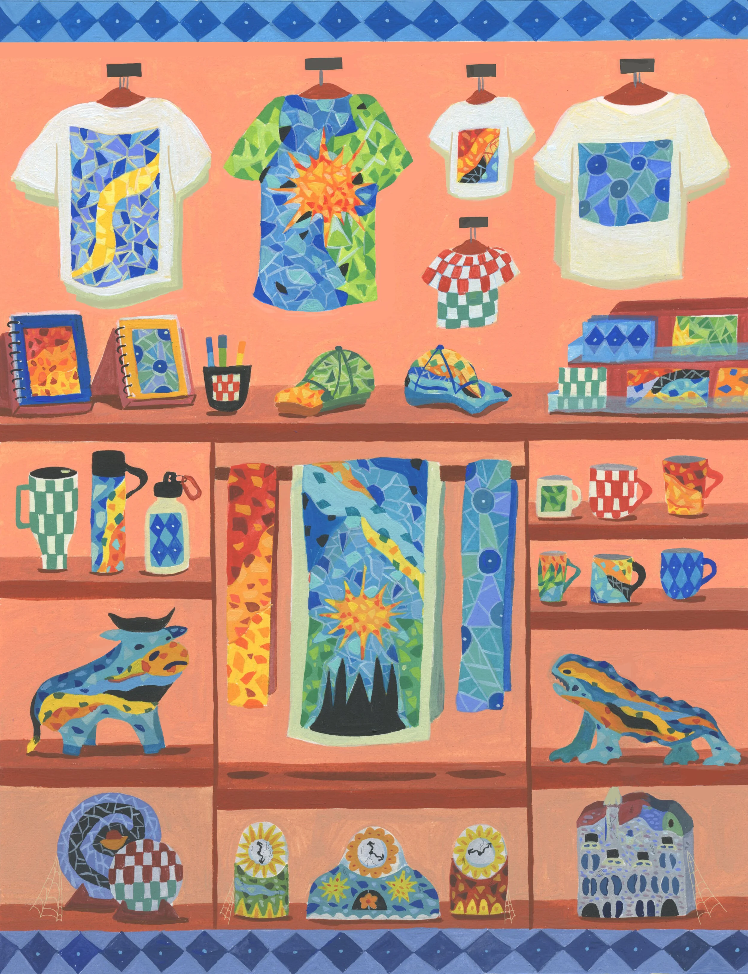 Colorful display of geometric patterned textiles, ceramics, and decorative items on shelves and hanging displays, with a blue diamond-patterned border at the top and bottom.