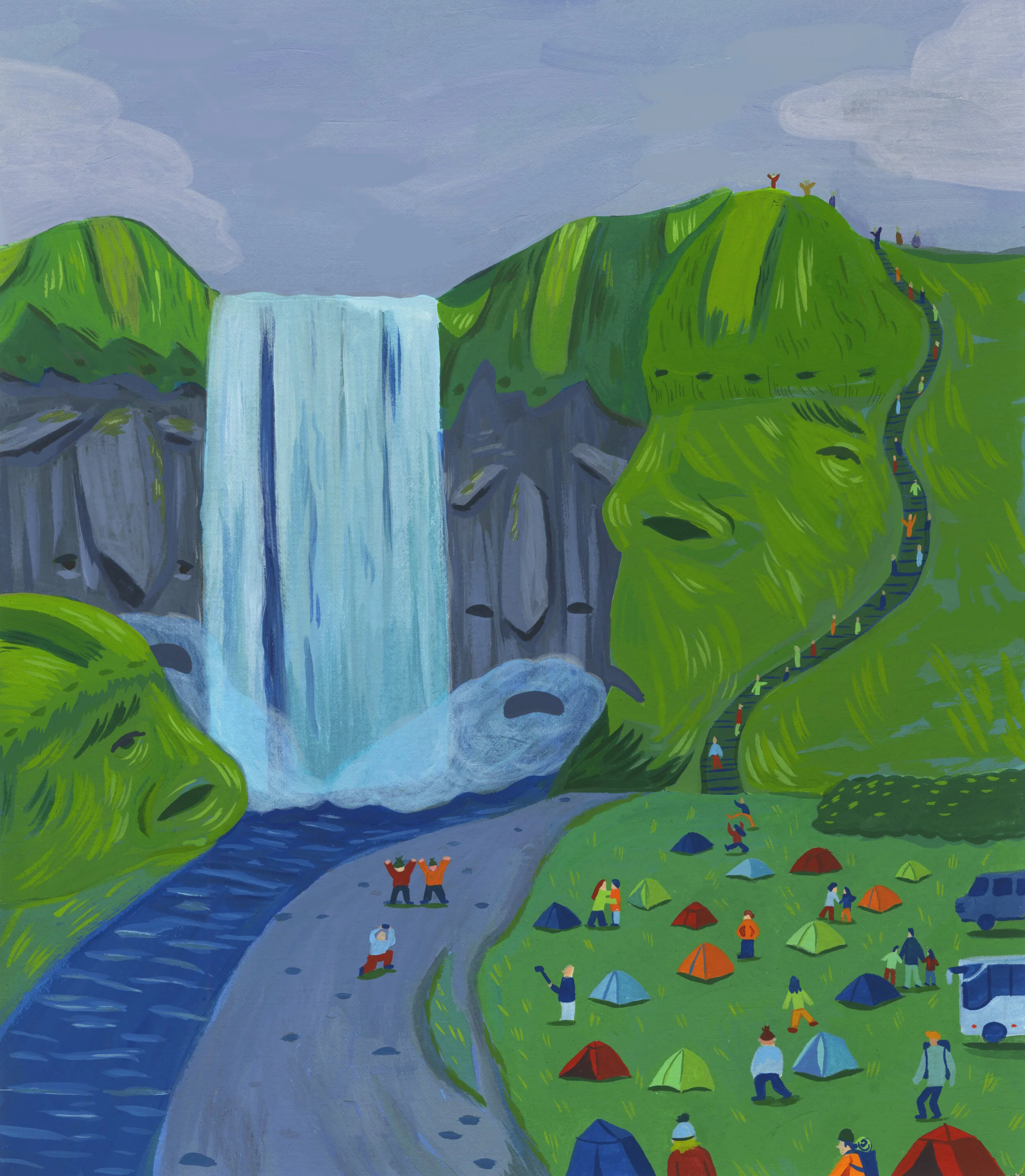 Painted illustration of a waterfall in a valley with green hills, people hiking along a trail on the right, and tents set up on the grassy area.