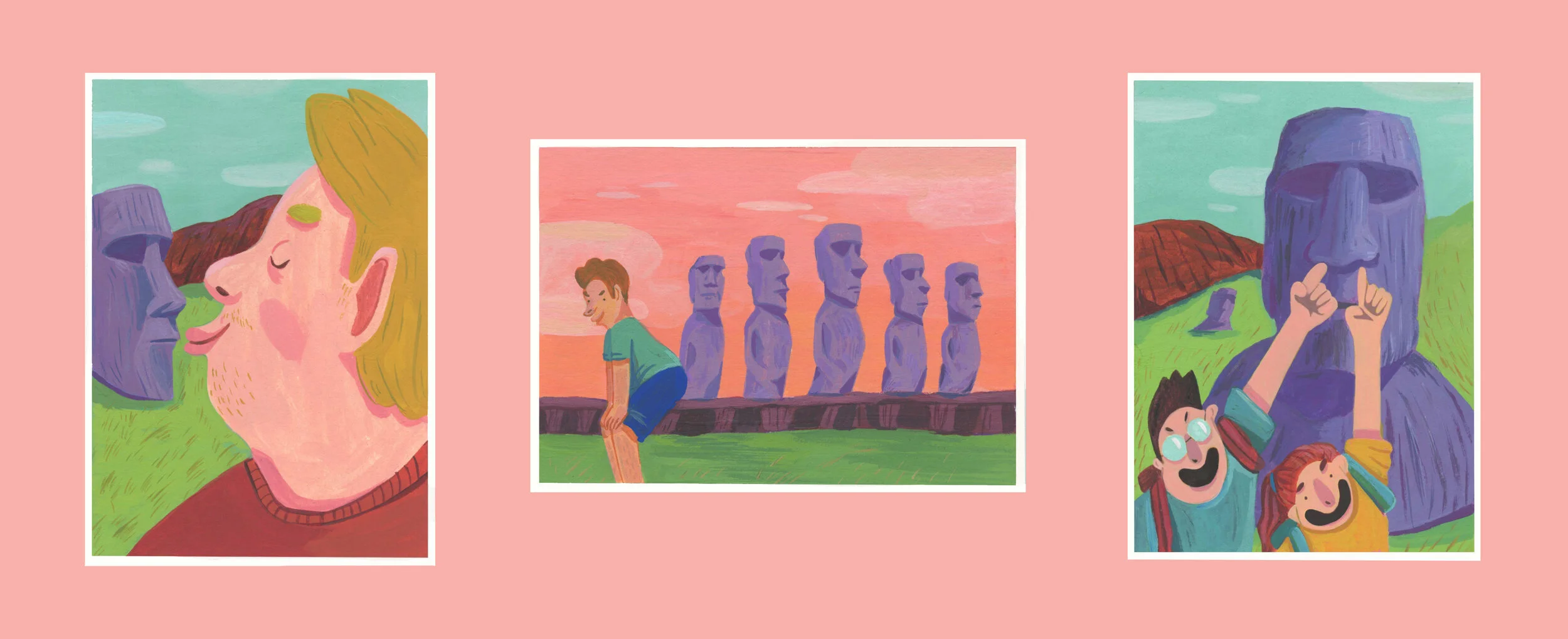 Three cartoon-style illustrations with pink background: the first depicts a man and a woman kissing, the second shows a man looking at stone statues at sunset, and the third features a boy and girl posing with a giant Moai statue.