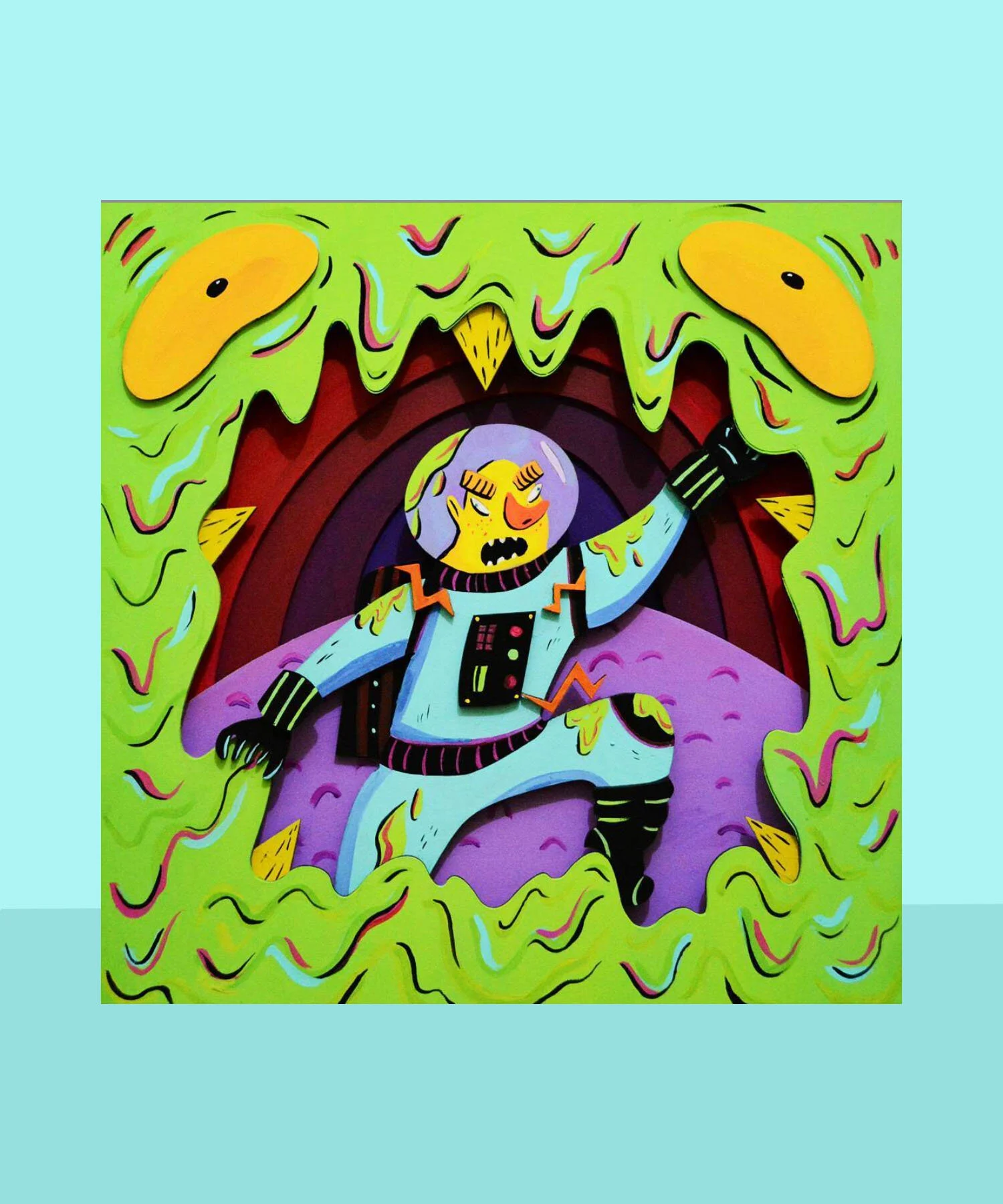 A colorful illustration of a yellow alien in a space suit emerging from a green, slimy mouth with sharp teeth. The alien appears distressed.