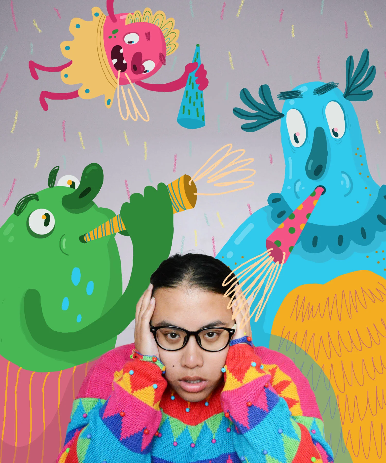 A woman with glasses and a colorful sweater holding her head, surrounded by illustrated whimsical creatures blowing party horns in a festive scene.