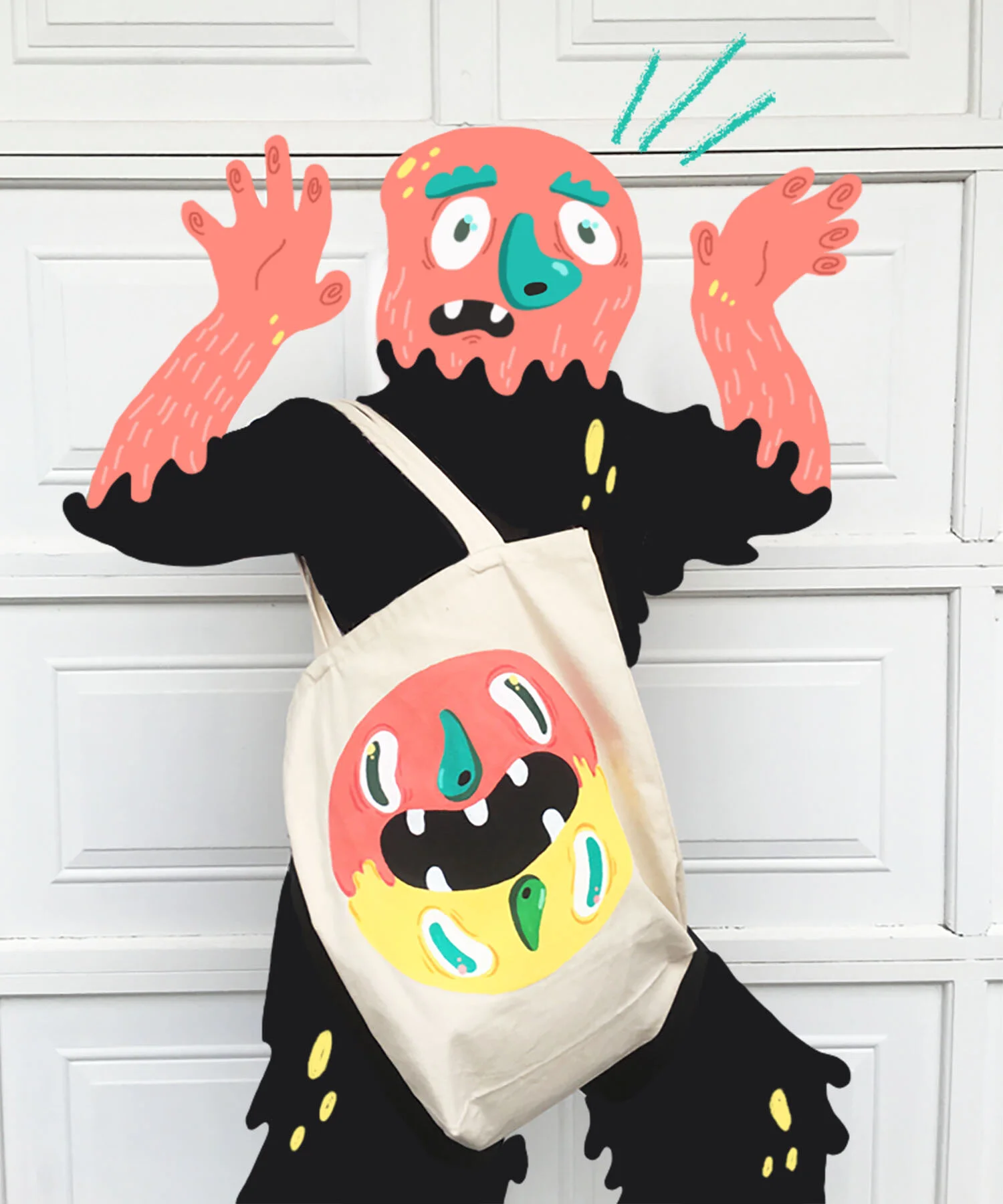 Cartoon illustration of a scared monster with a pink face, blue nose, and black outfit, holding a tote bag with a similar monster face on it, standing in front of a white garage door.