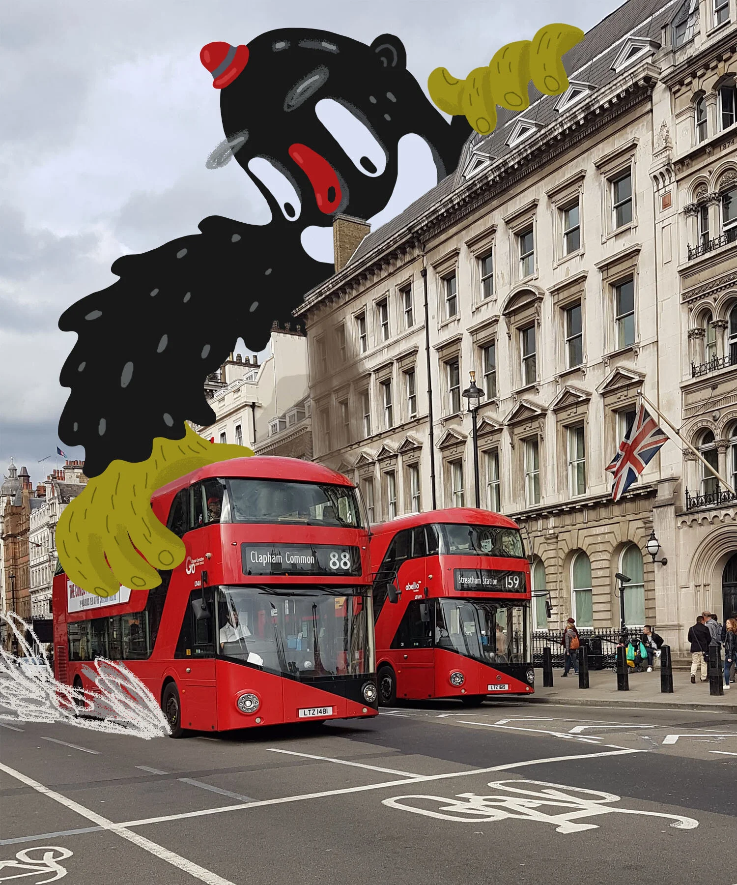 Illustration of a cartoon black bear with red nose and red beret, standing above two red double-decker buses on a city street, with buildings and people in the background.