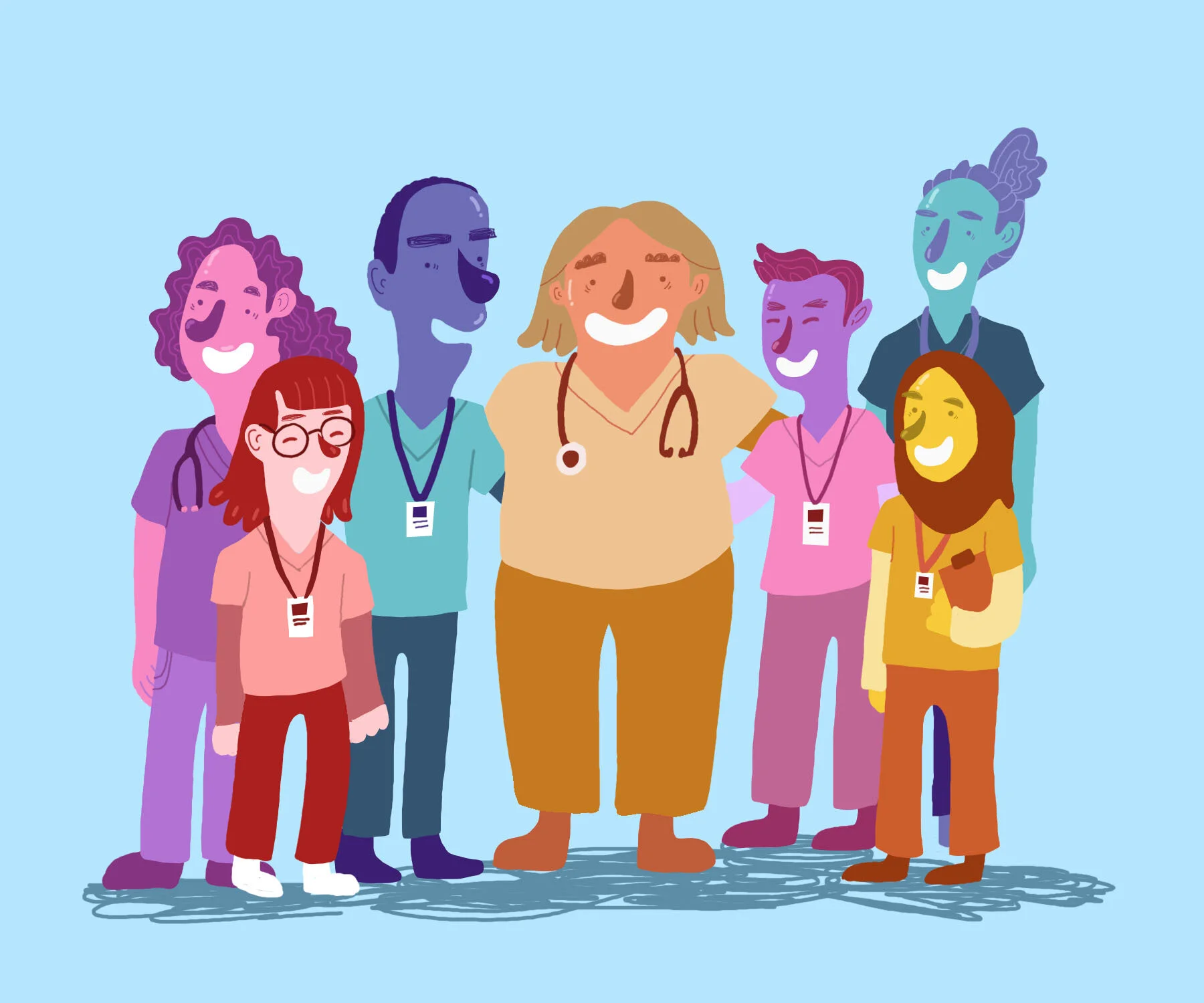 Cartoon illustration of diverse healthcare professionals, including doctors and nurses, smiling and standing together with arms around each other against a light blue background.