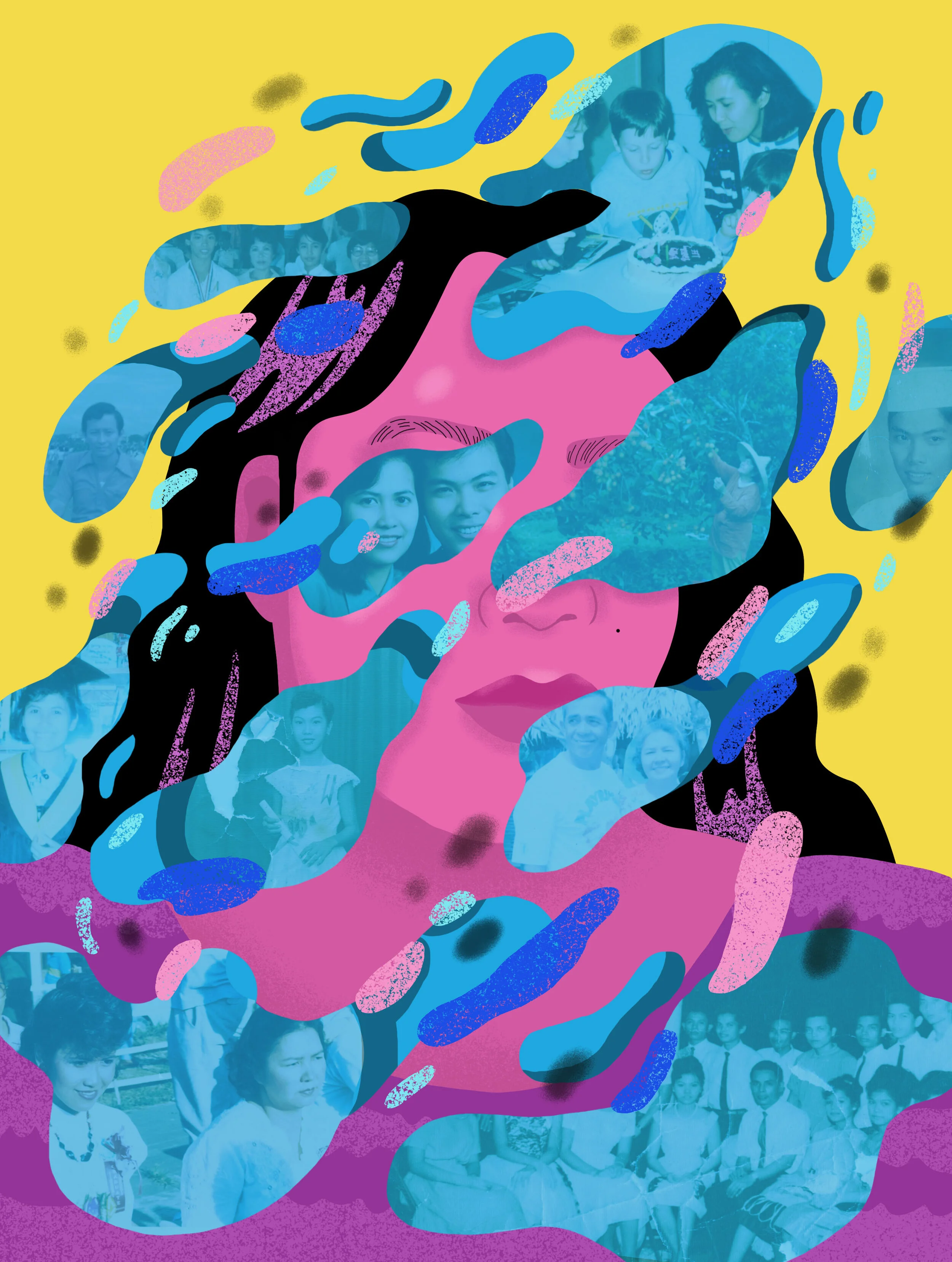A colorful digital collage of a woman's face with various photos and abstract shapes layered over it, set against a yellow background.