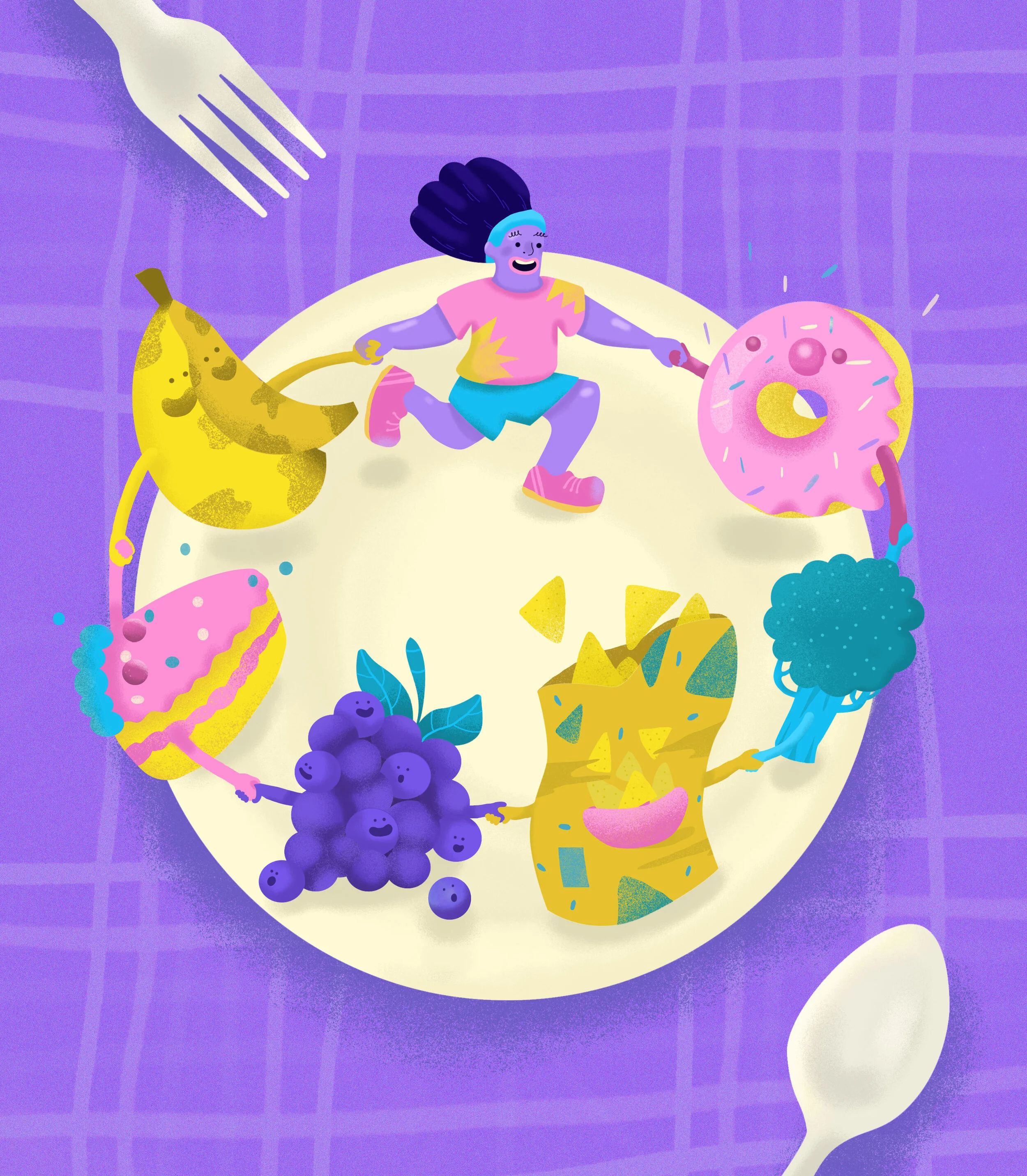 Cartoon illustration of a person holding hands with various anthropomorphic food items arranged in a circle, on a purple background with a white plate and a large fork.
