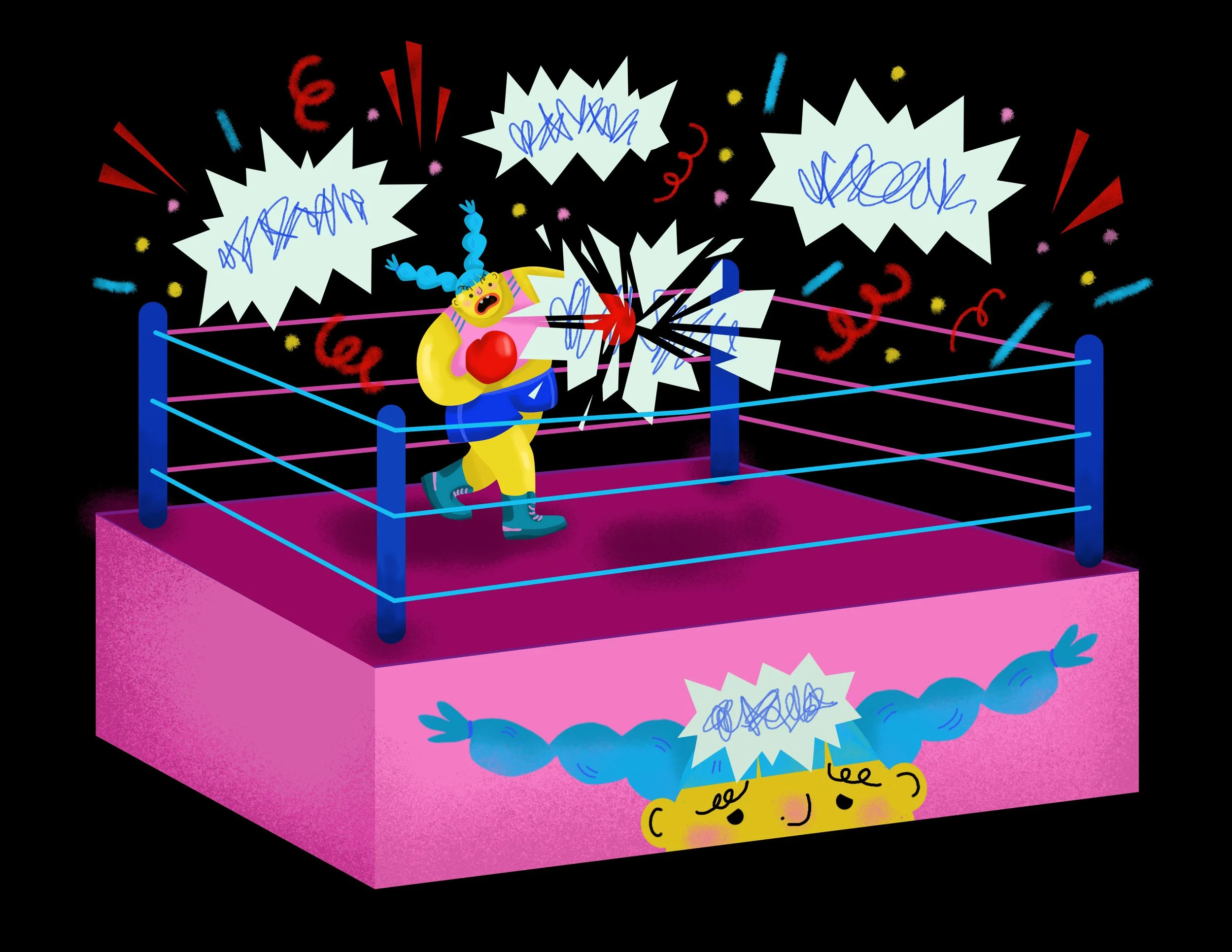 A cartoon wrestling ring with a yellow character with blue hair and pigtails, holding a red heart, getting hit with a burst of lines and scribbles, with colorful explosions and scribbles around, set against a black background.