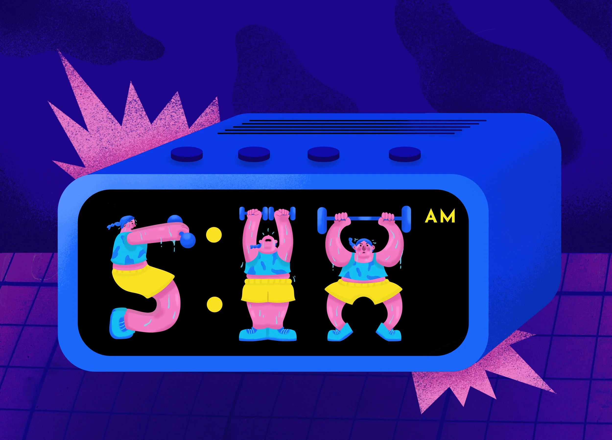 Illustration of a digital clock showing two women exercising with dumbbells, wearing blue tops and yellow skirts, set against a dark background with neon pink accents. The clock displays the time as 5:00 AM.