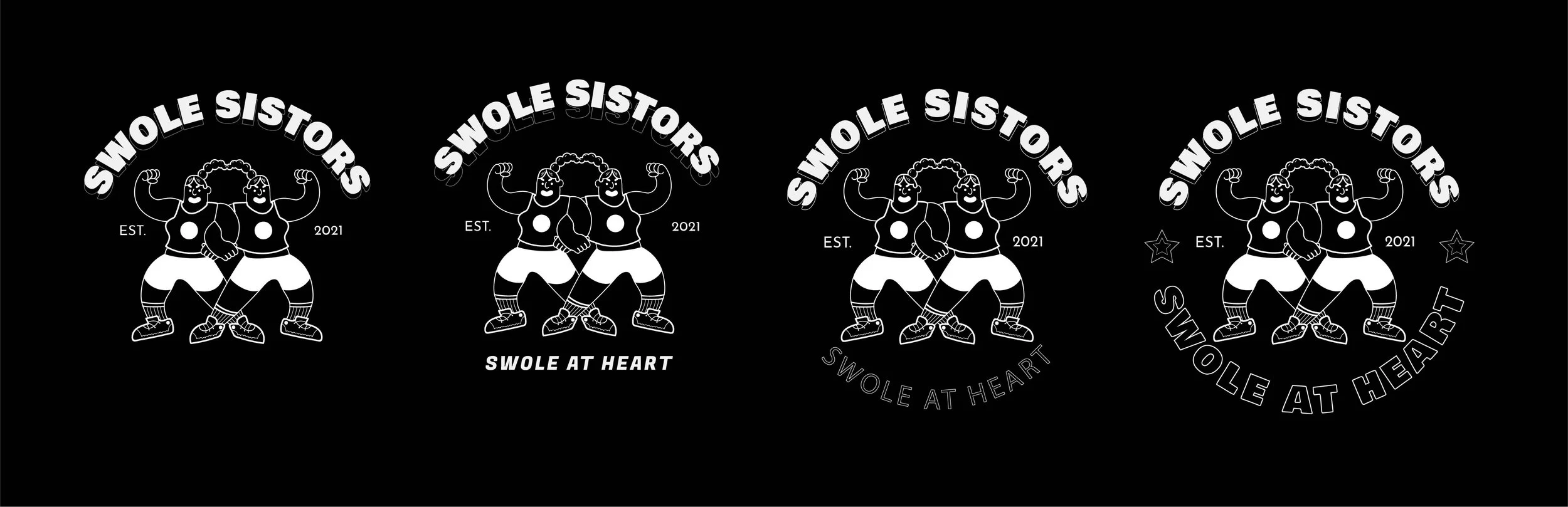 Logo with two muscular women flexing arms, wearing sneakers and shorts, with text "Swole Sistors," "Est. 2021," and "Swole at Heart."