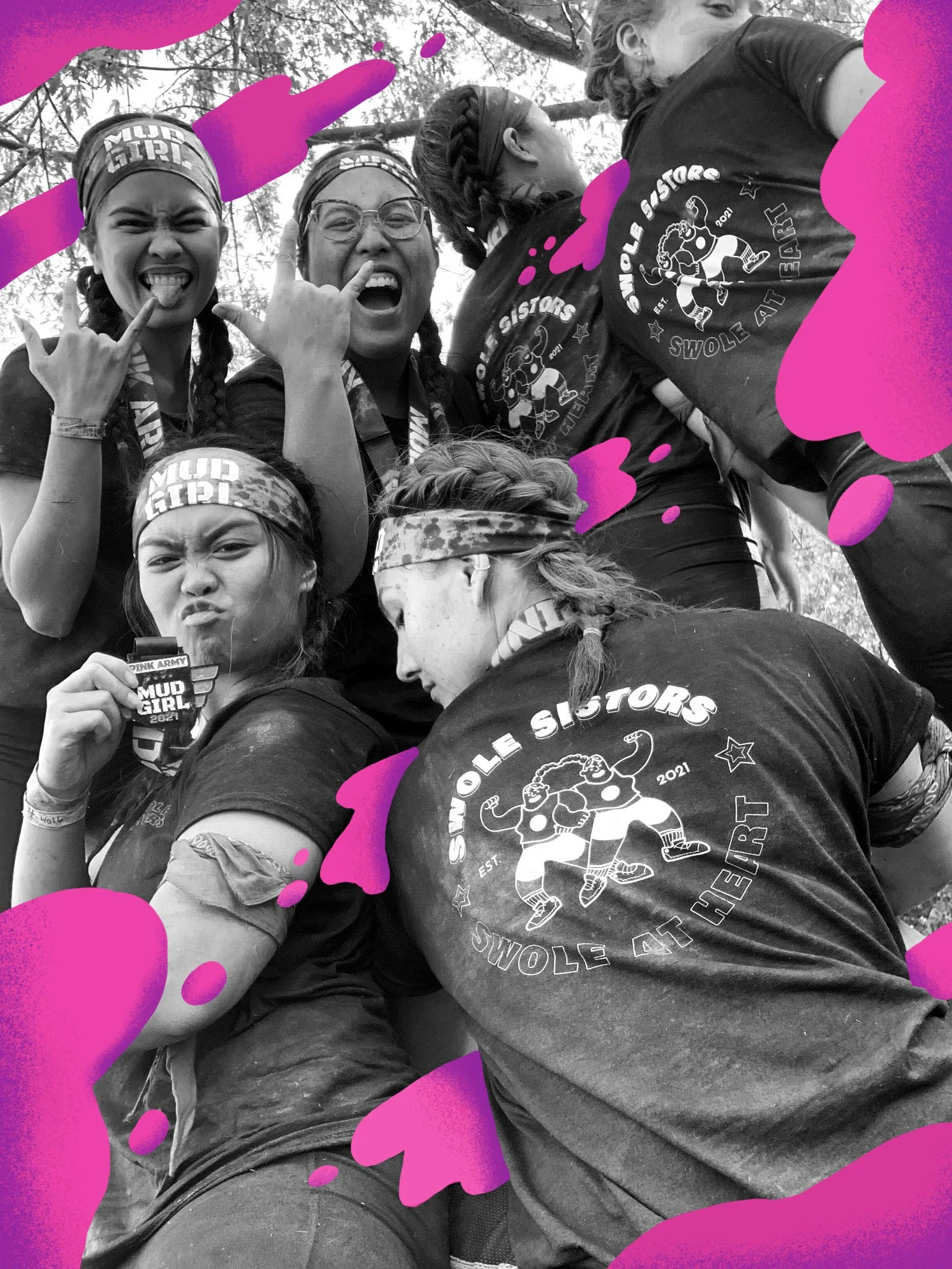 A group of women in athletic gear, some with medals around their necks, celebrating at an outdoor event with trees in the background. Some are making silly faces and gestures expressing excitement and camaraderie.
