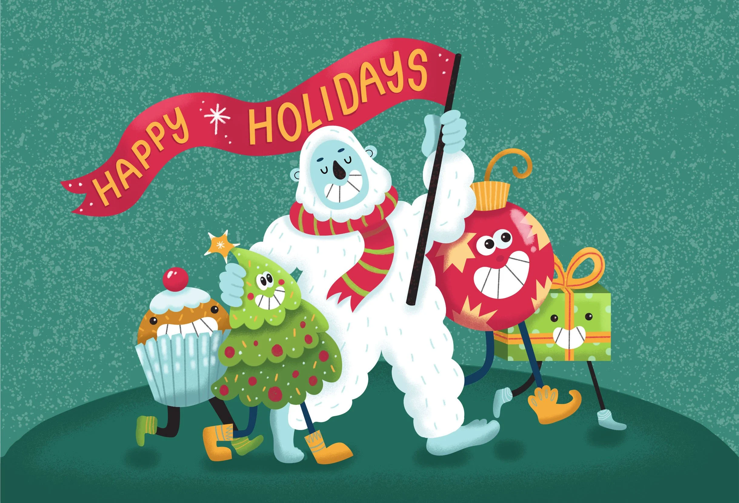 A cartoon snowman holding a red banner that says 'Happy Holidays' with four animated food characters, including a cupcake, Christmas tree, lit red Christmas ornament, and a wrapped gift, all smiling and celebrating on a green background.