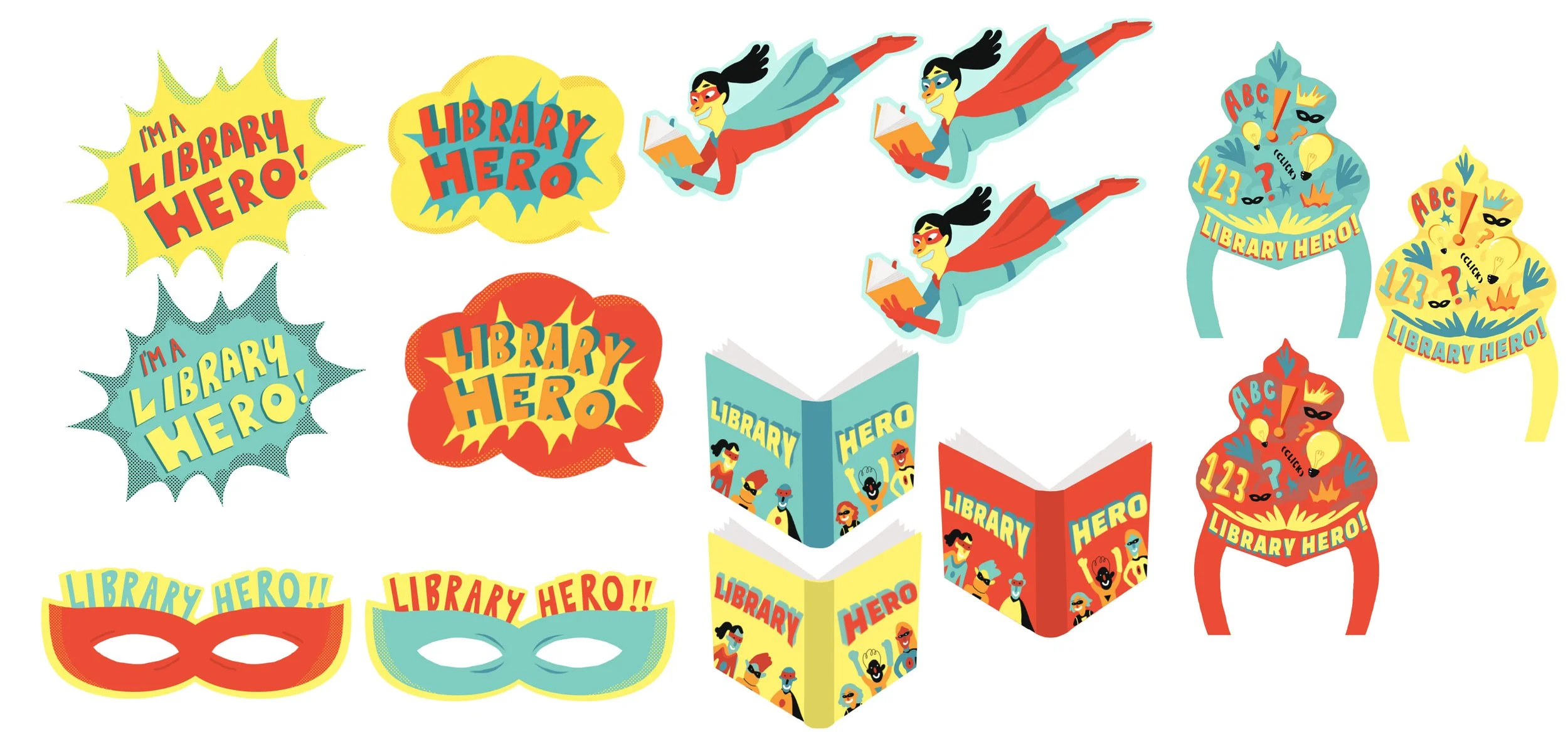 Set of colorful library-themed superhero costume accessories including masks, capes, speech bubbles, and a folding brochure, all with the phrases "I'm a Library Hero!" and "Library Hero" in bold, comic-style fonts, featuring illustrations of women re
