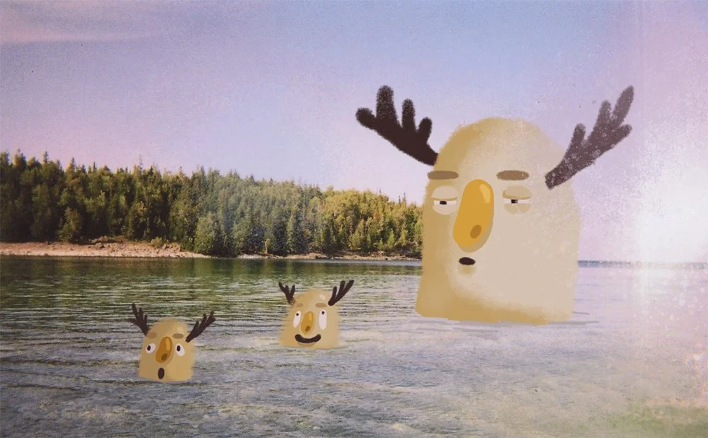 Three cartoon moose heads with human-like faces and antlers floating on a lake with a forested shoreline in the background.