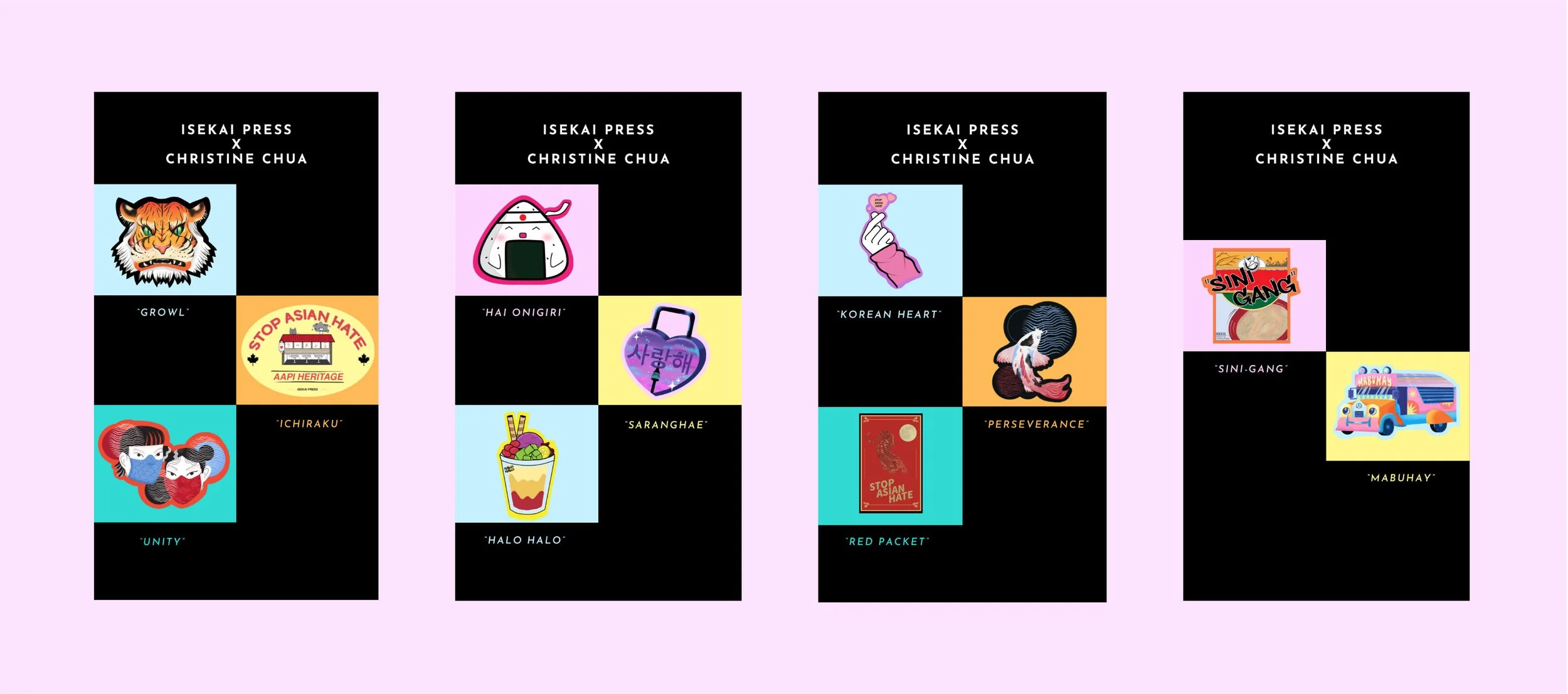 Four posters with black backgrounds and pastel-colored accents, featuring illustrations and text promoting messages against Asian hate and celebrating Asian culture.