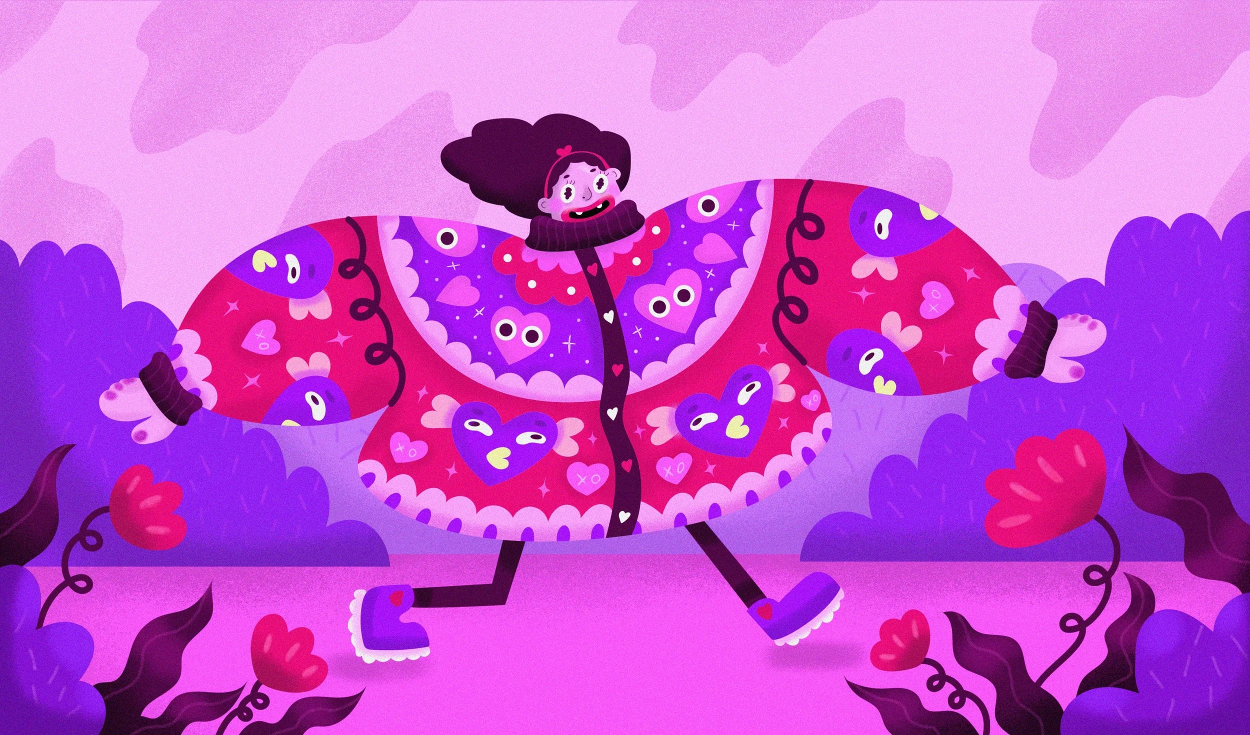 A colorful cartoon girl with dark hair and a big smile, dressed as a butterfly with purple and red wings decorated with hearts and eyes, walking through a magical purple and pink forest with heart-shaped leaves and vines.