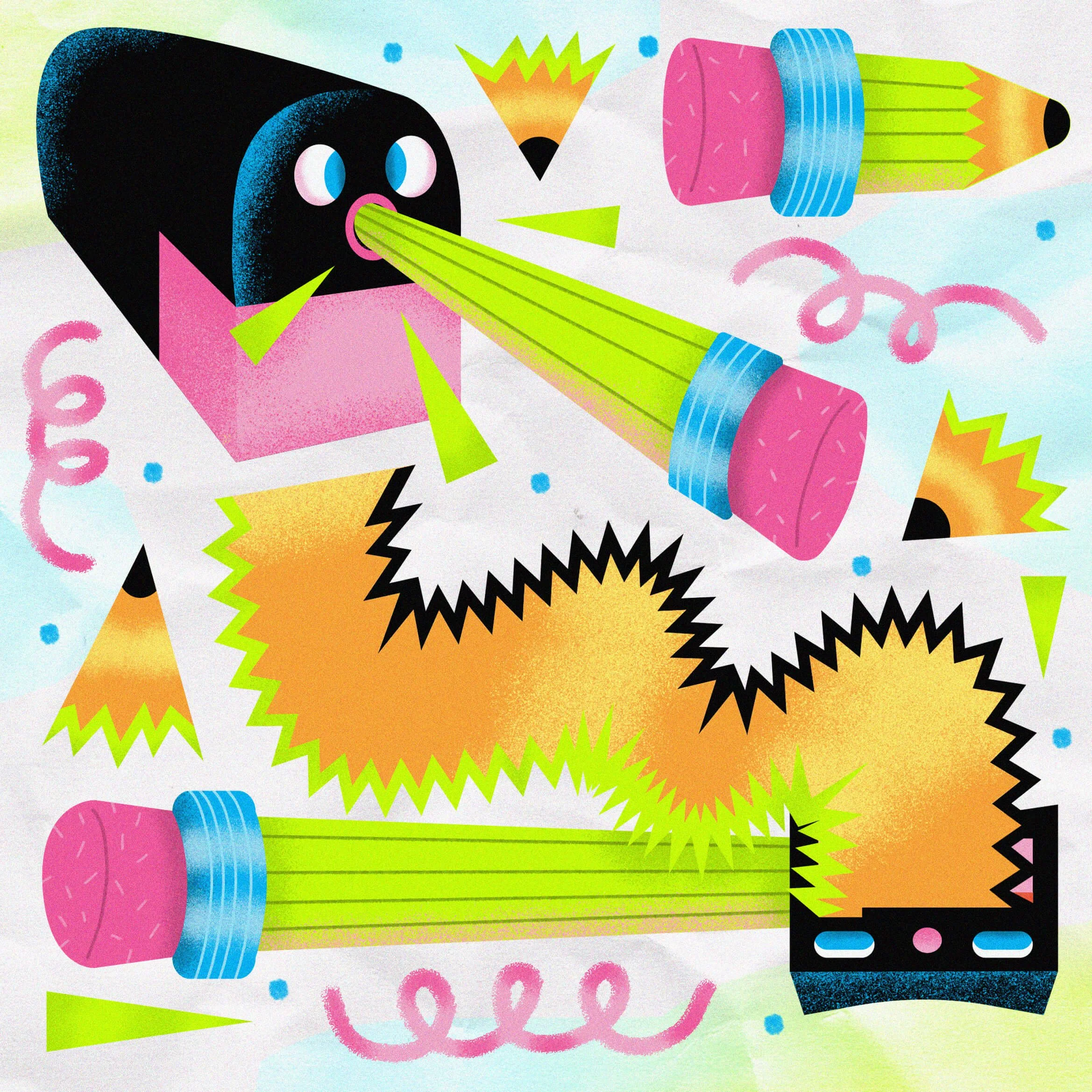 Stylized, cartoonish illustration of two black smartphones with pink cases shooting green laser beams that resemble pencils, surrounded by colorful explosion shapes, yellow-orange starburst, pink curls, and small blue dots on a light pastel backgroun
