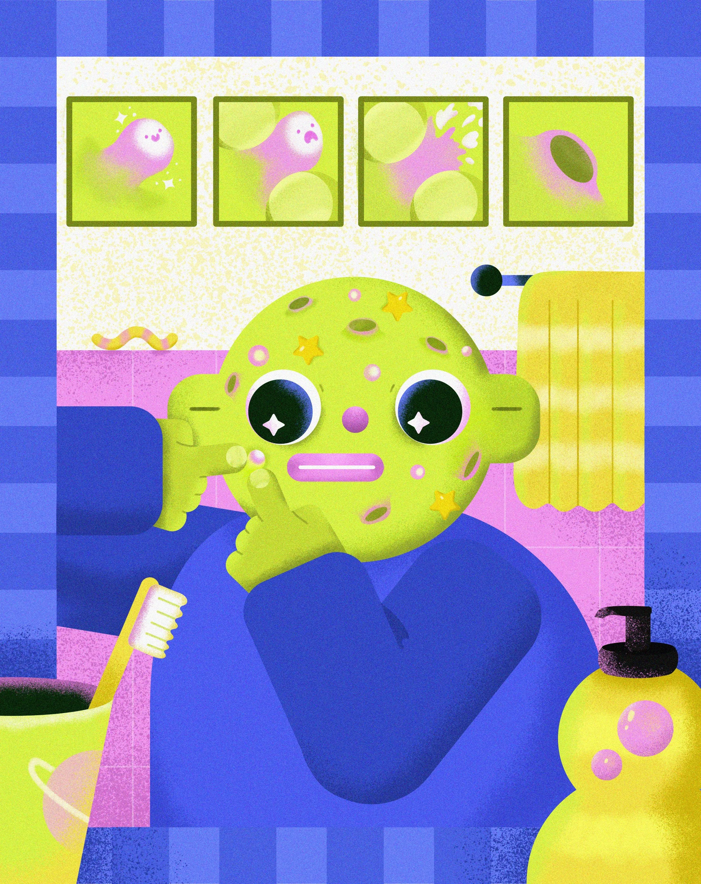 A cartoon character with a green, star and planet decorated face, brushing its teeth in a colorful bathroom.