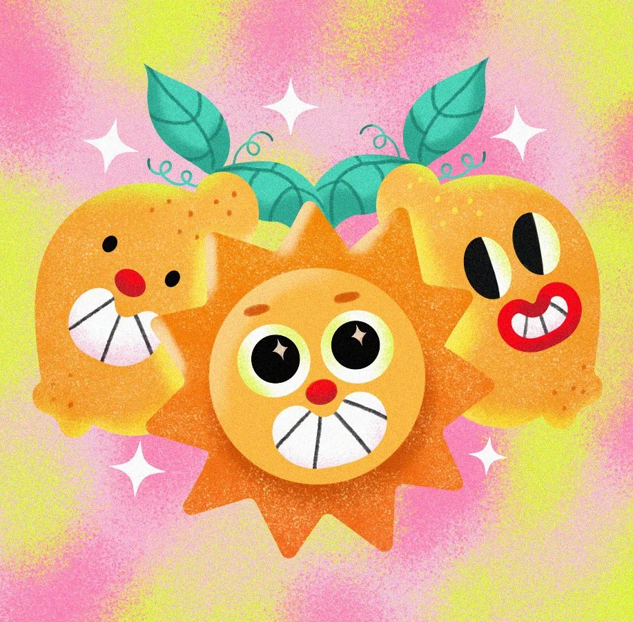 Colorful illustration of three smiling sun characters with faces, leaves, and sparkles in the background.