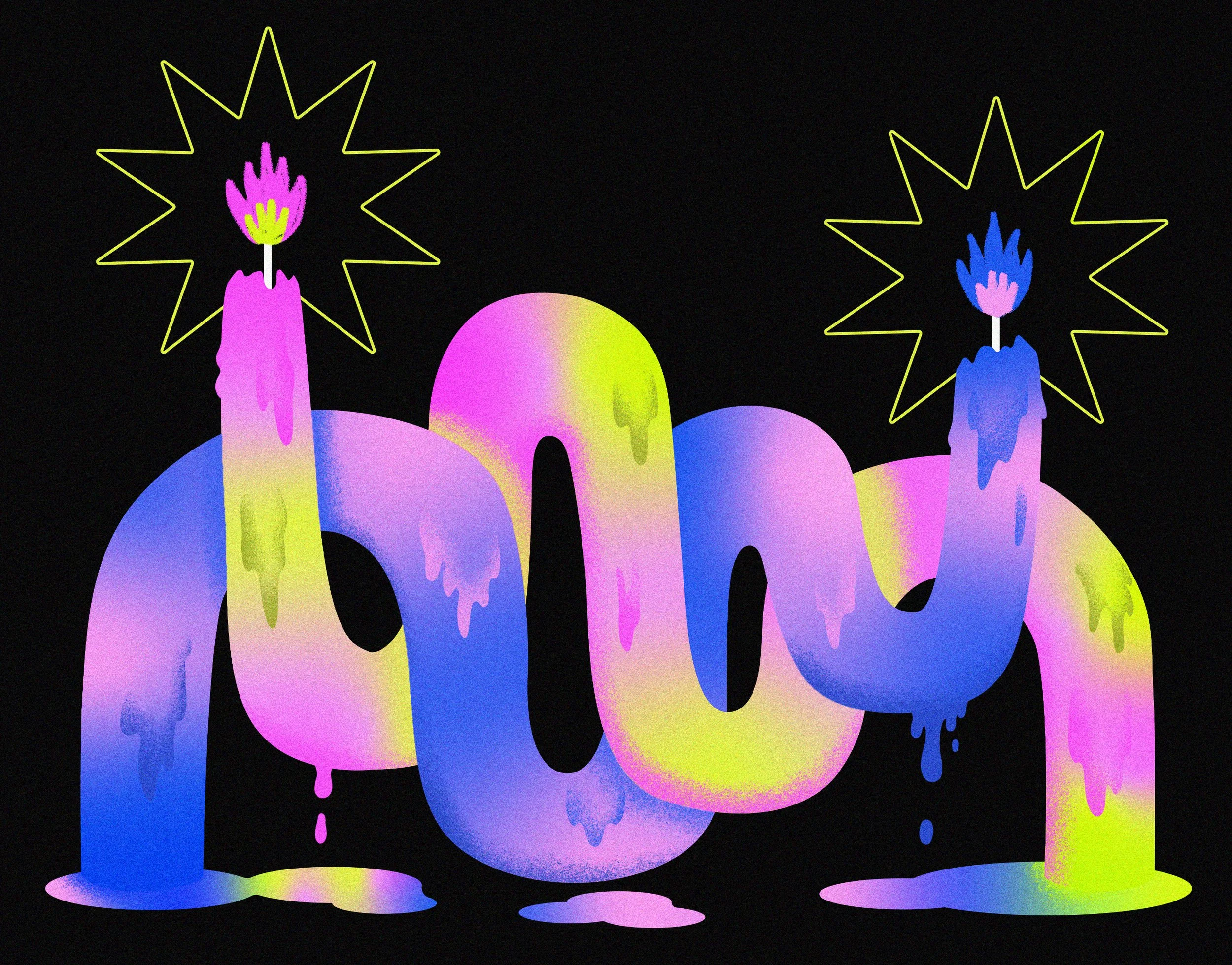 Graffiti-style text spelling 'love' in melted, colorful paint with two burning candles on top, each candle surrounded by a yellow starburst on a black background.