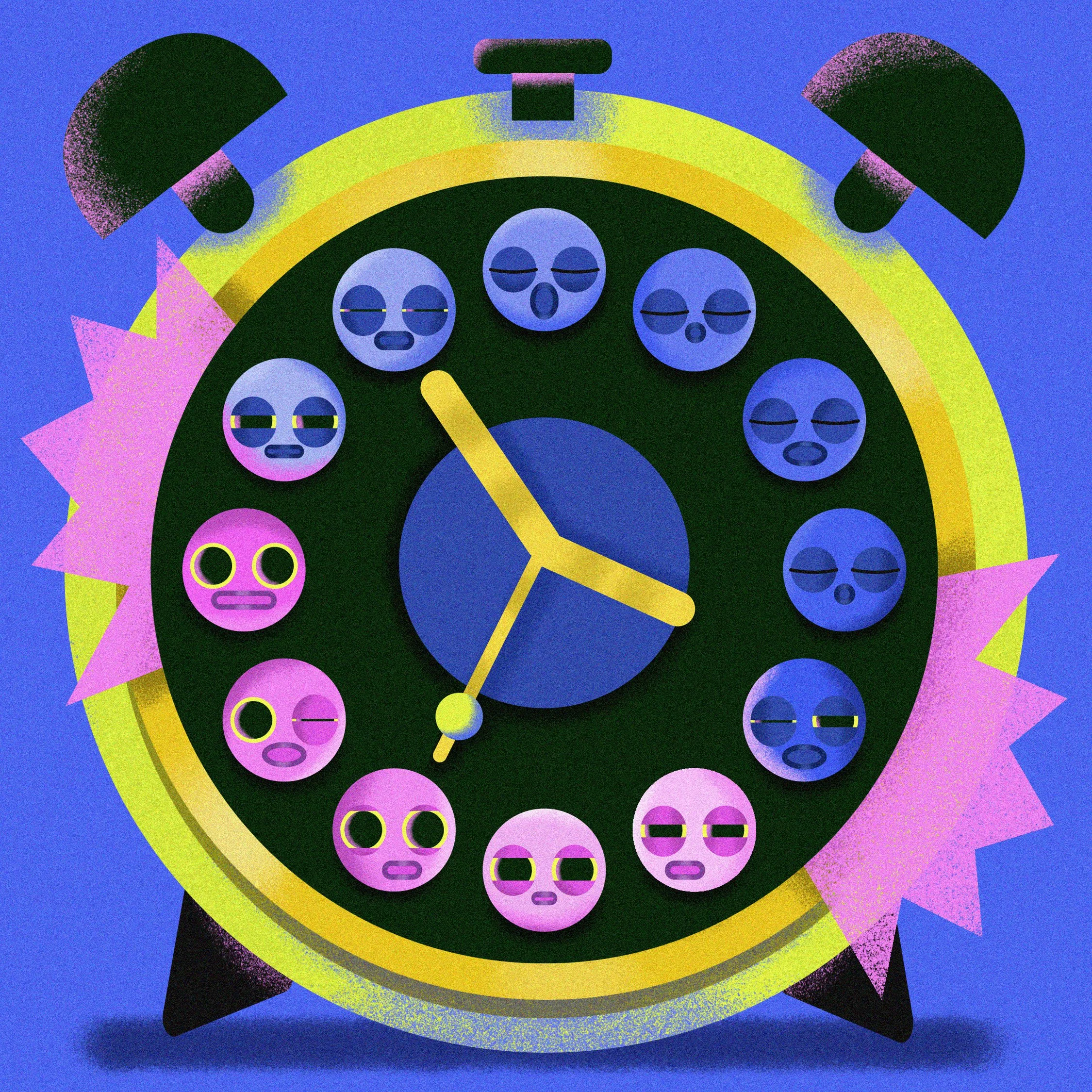 An illustration of an alarm clock with facial expressions on its numbers, showing tired or sleepy faces, against a blue background.