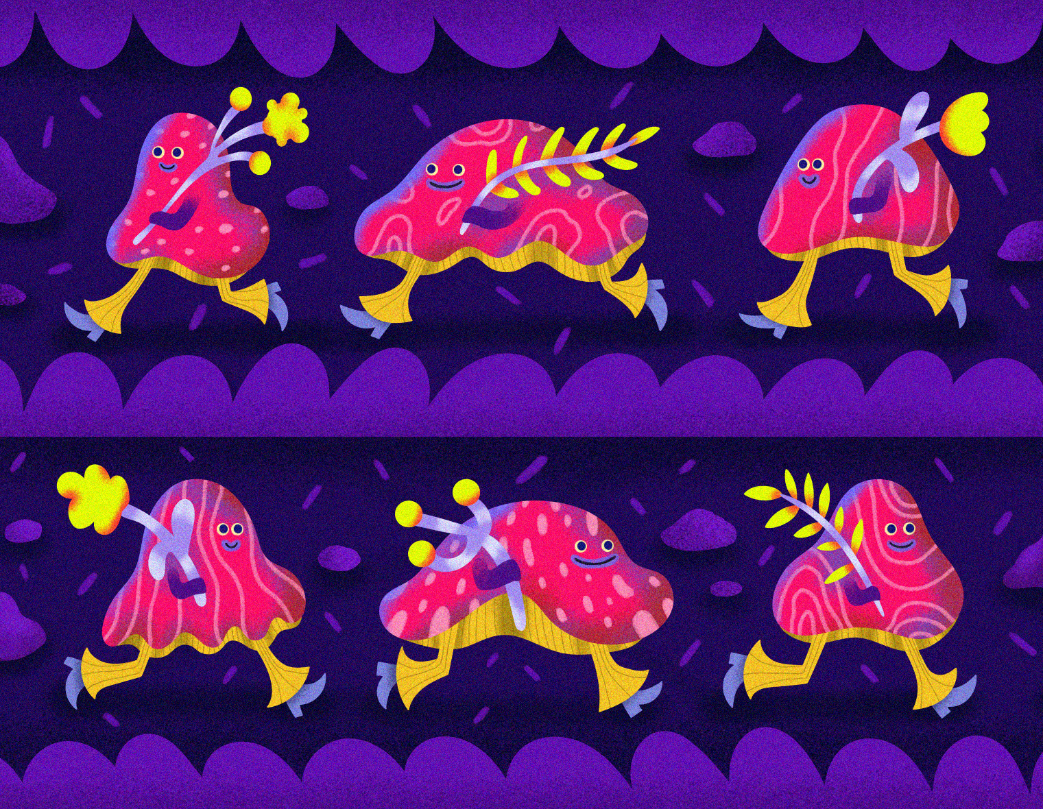 Animated illustrations of six different characters resembling pieces of raw steak with smiling faces, walking on legs with white shoes. Each character is holding a yellow object or leaf, with a purple, dark blue, and pink background and abstract patt