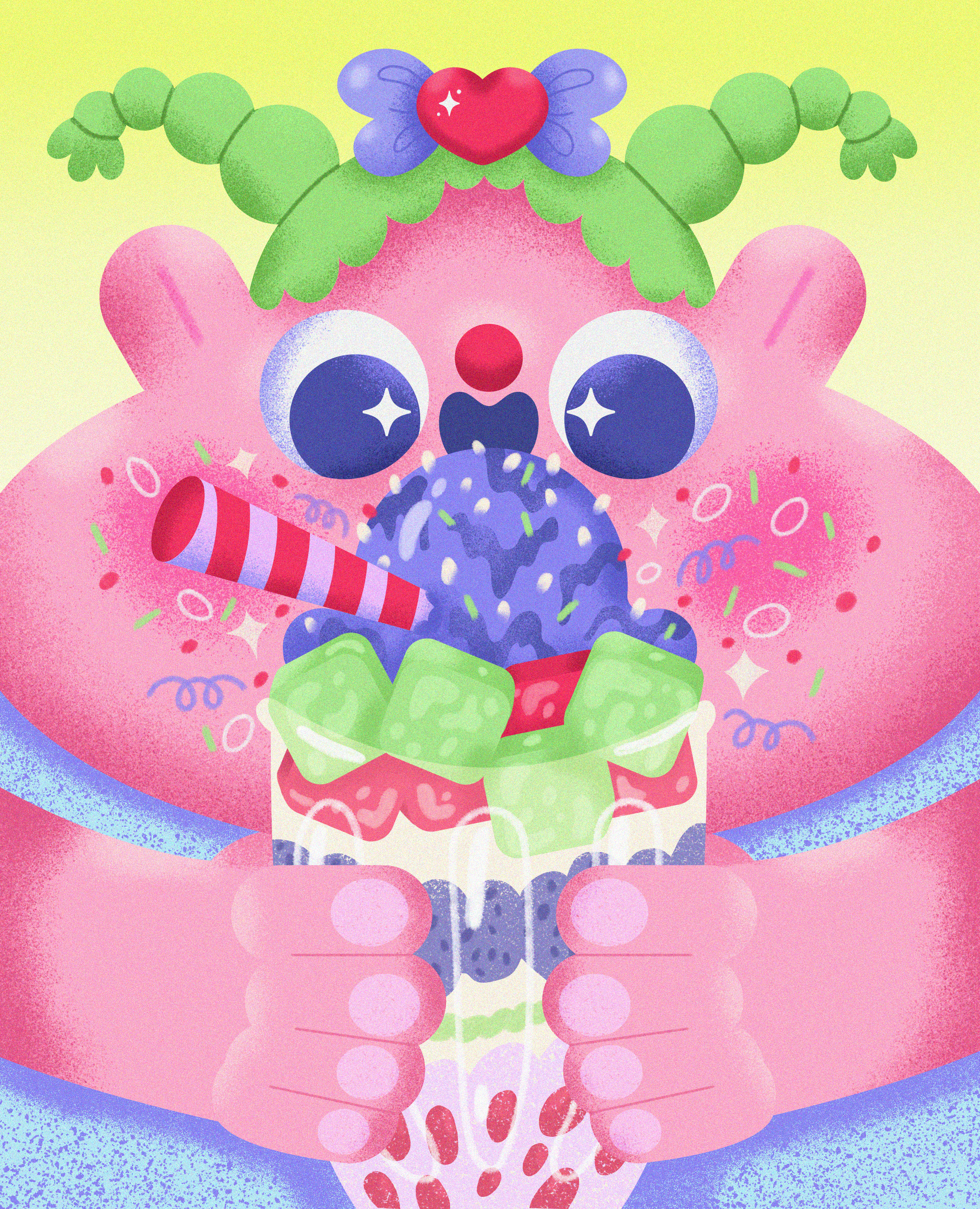 A colorful cartoon character with a pink face, large blue eyes, green curly hair topped with a red heart, purple butterfly wings, and a red nose, holding a cupcake decorated with green and pink icing, and a blue scoop of ice cream, with a party horn 