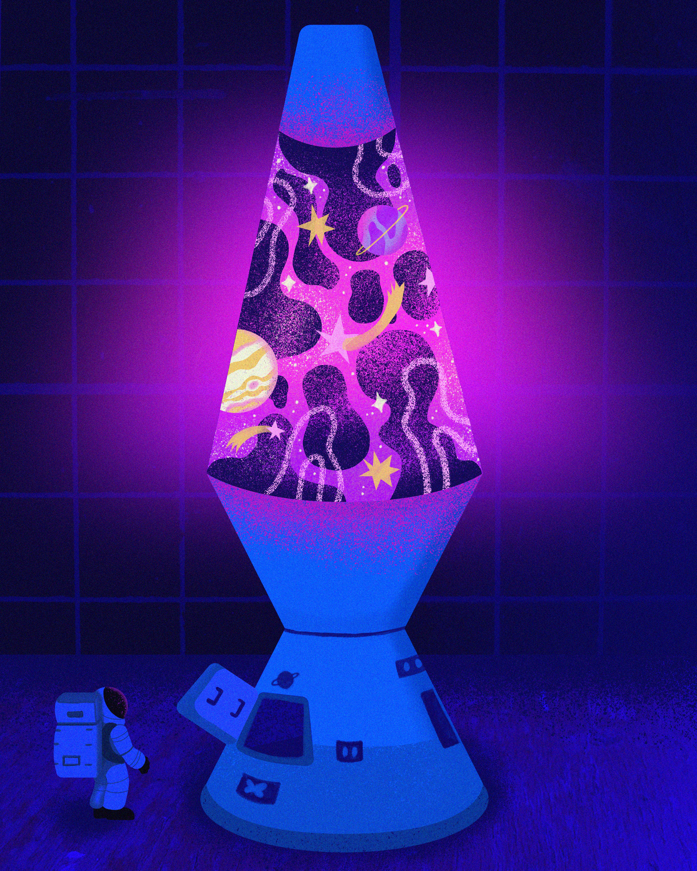 An astronaut stands next to a pyramid-shaped lava lamp filled with a swirling galaxy of stars, planets, and cosmic patterns, glowing purple and blue in a space-themed room.
