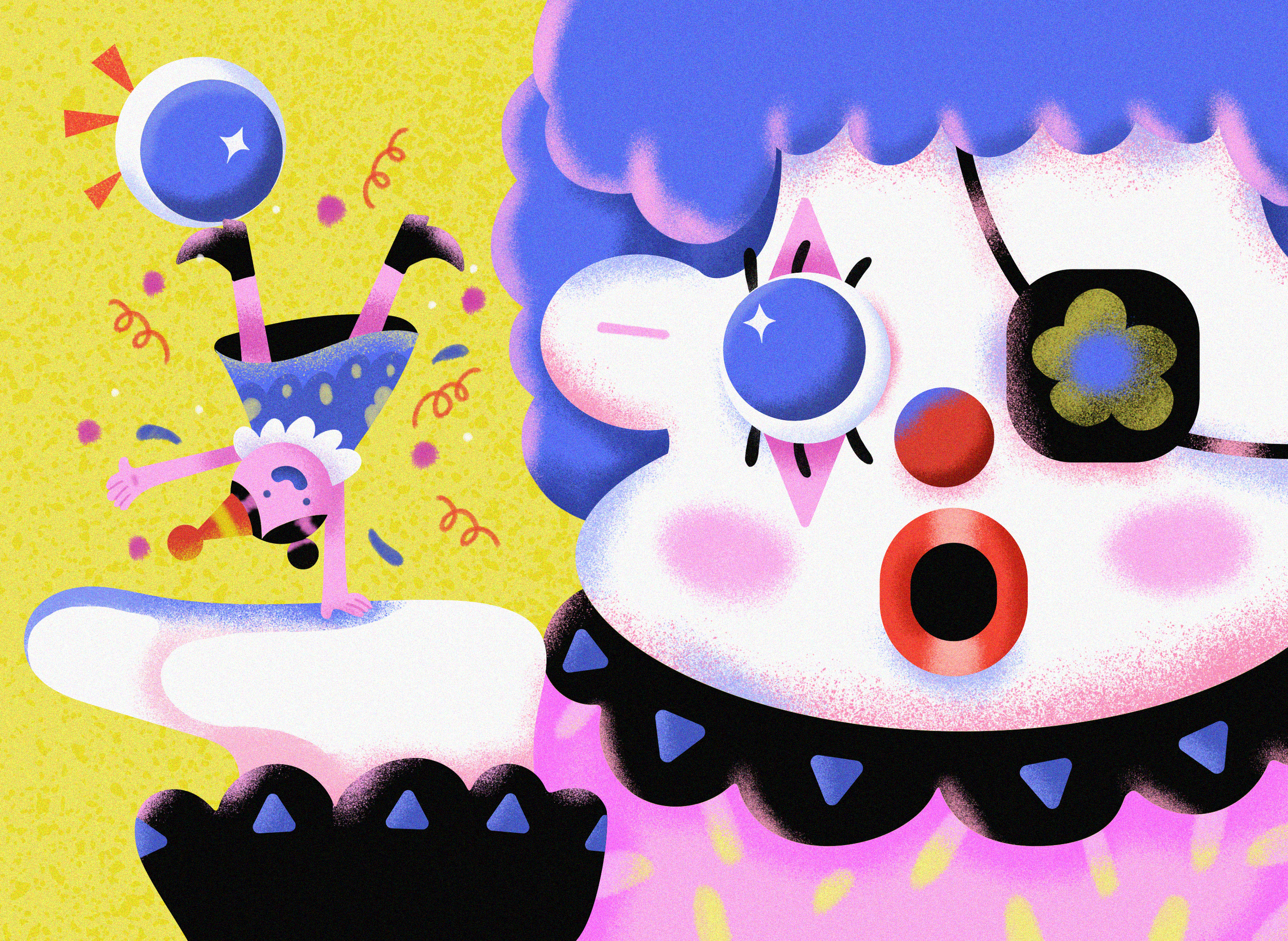 A colorful cartoon clown holding a large popsicle with a surprised expression, featuring exaggerated makeup, curly blue hair, and a big red nose, set against a yellow background.