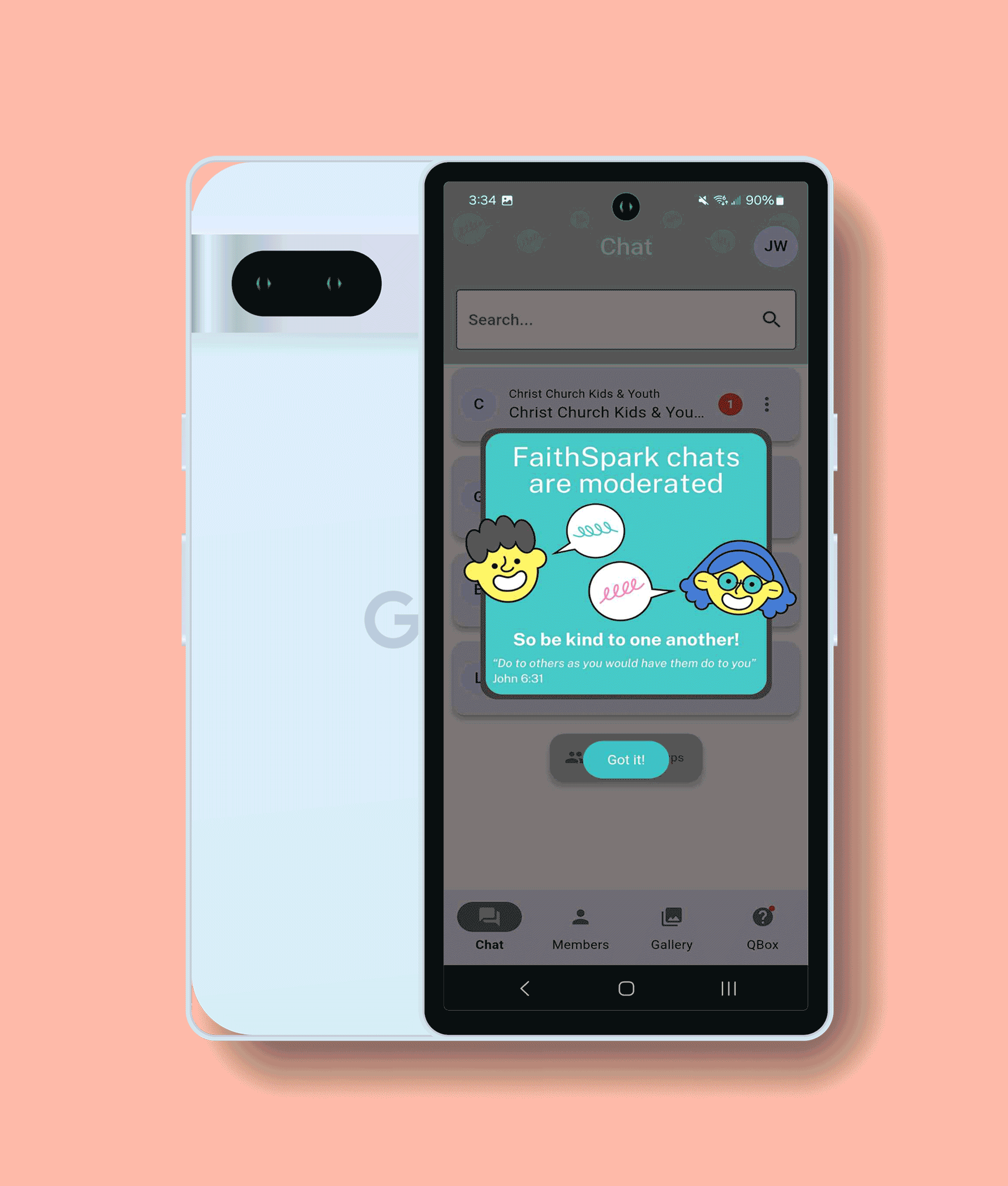 A smartphone with a chat app on the screen, displaying a message about moderated chats and kindness, set against a pink background.