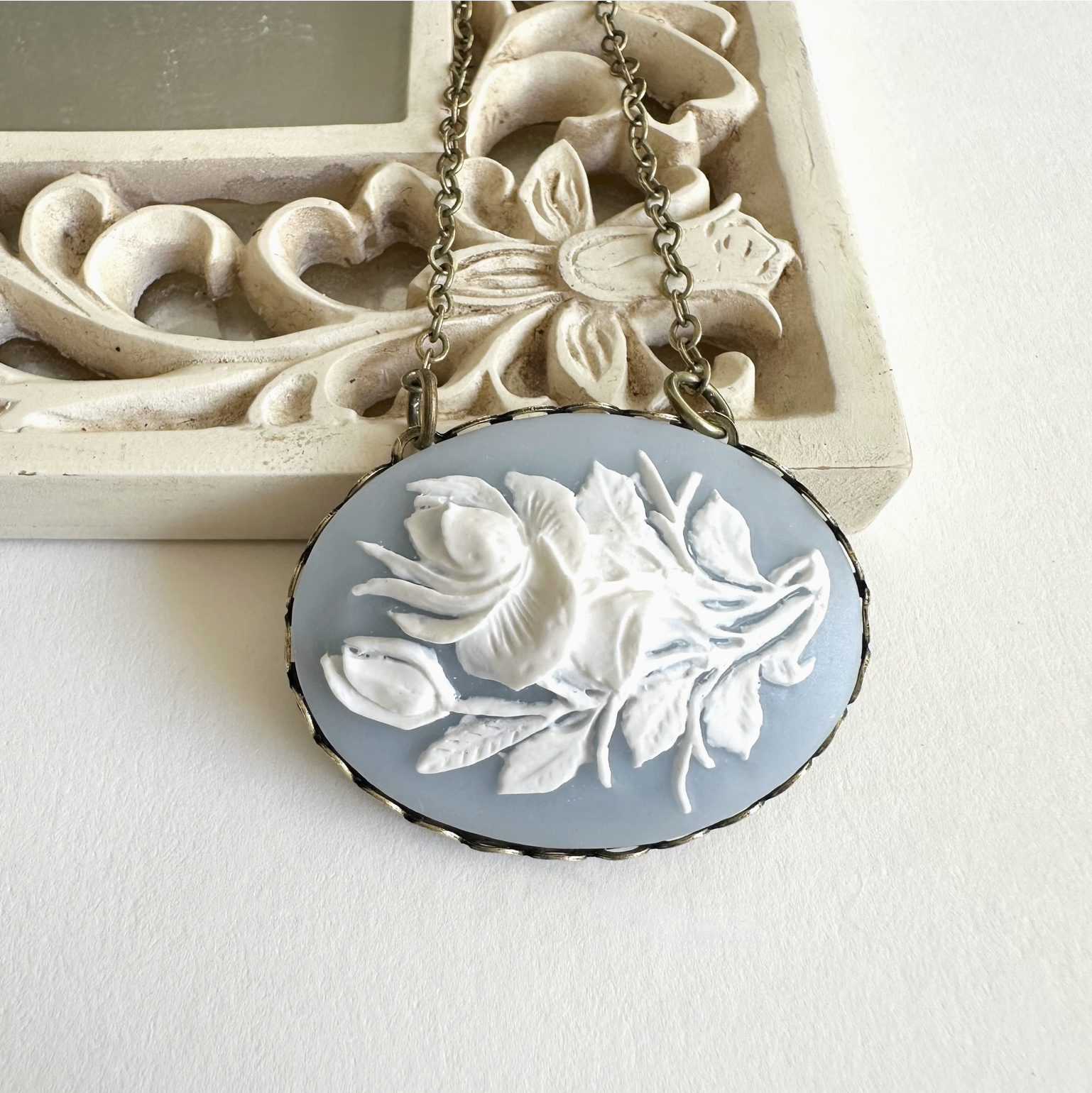 Sky Blue Cameo Necklace, White Rose Cameo Pendant