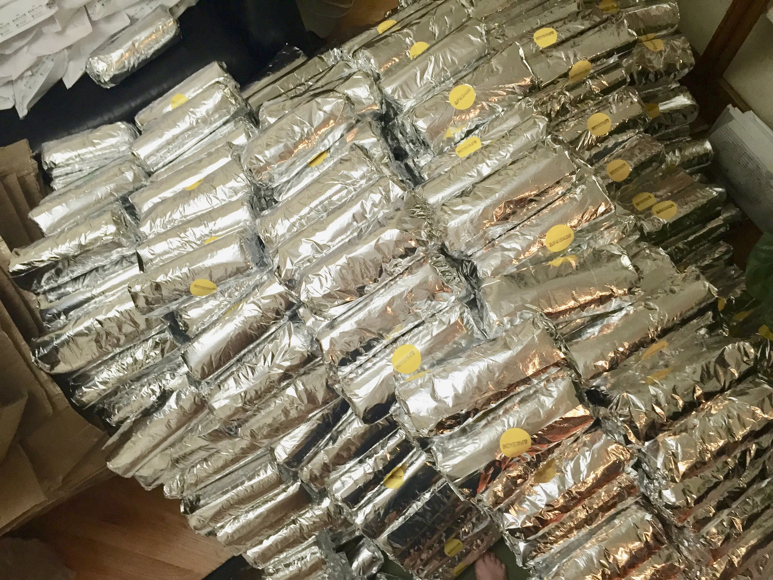  We wrapped the towels in foil and shipped them as burritos.  