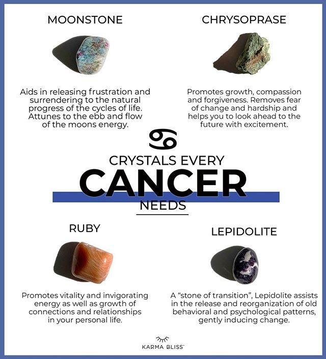 It's officially #CancerSeason! Tag a tenacious, emotionally in-tune and loyal Cancer below 🤗⁠ All these crystals are available for purchase in our exclusive Cancer Zodiac Bliss Bag on KarmaBliss.com 🔥