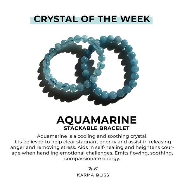 Who can use an extra boost of flowing, soothing and compassionate energy this week? 🙋🏽&zwj;♀️ Our #Aquamarine Stackable Bracelet is our Crystal of the Week and it&rsquo;s here to help you clear stagnant energy and assist in releasing anger and remo
