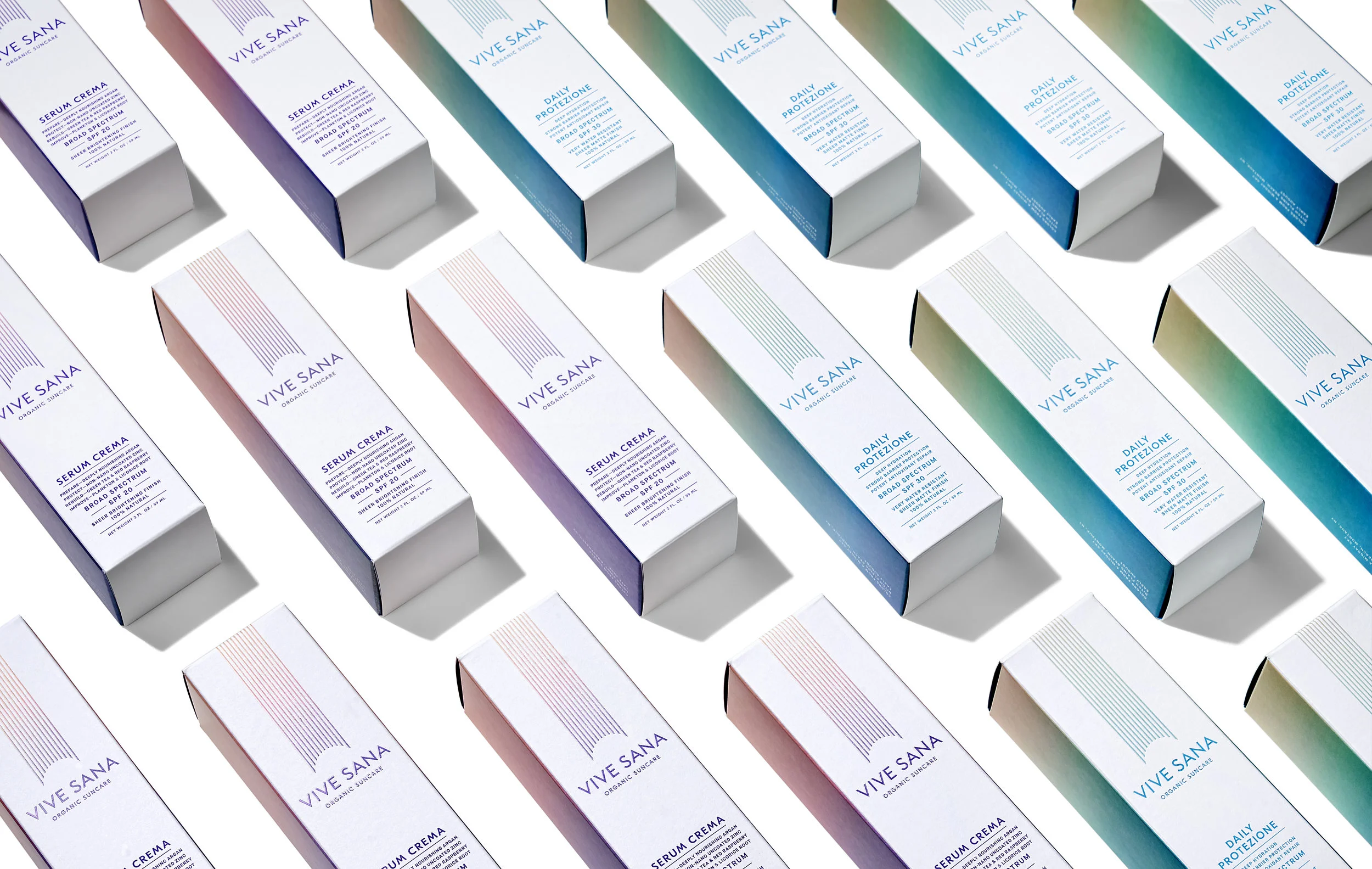 Multiple boxes of skincare products labeled 'Vive Sana' arranged in a diagonal pattern, with colors ranging from purple, pink, blue, to green.
