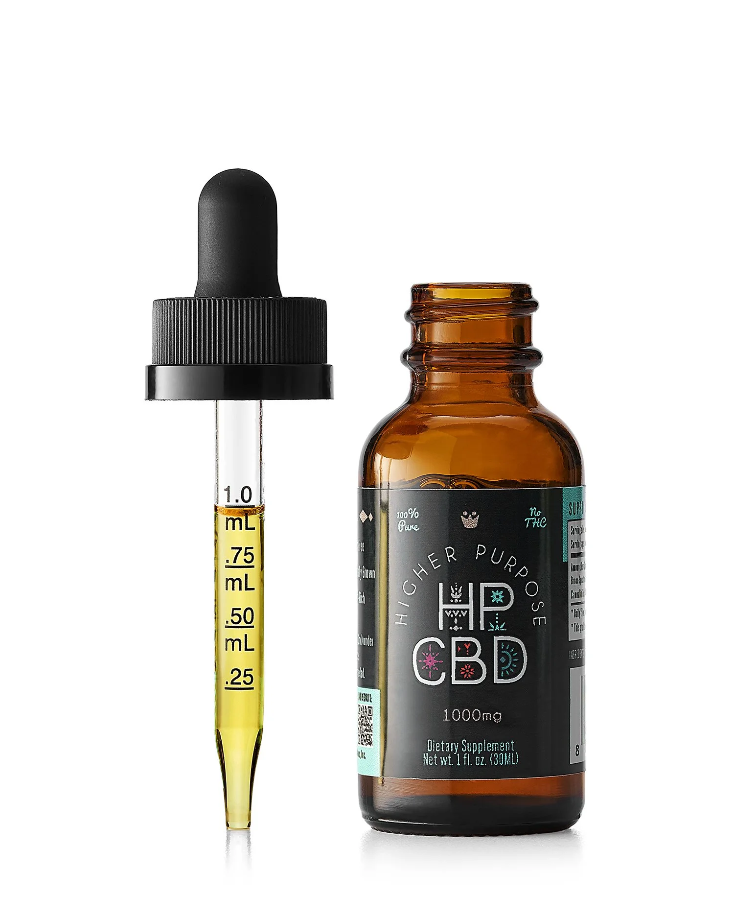 A brown glass bottle of higher purpose CBD oil with a dropper showing yellow oil, against a white background.