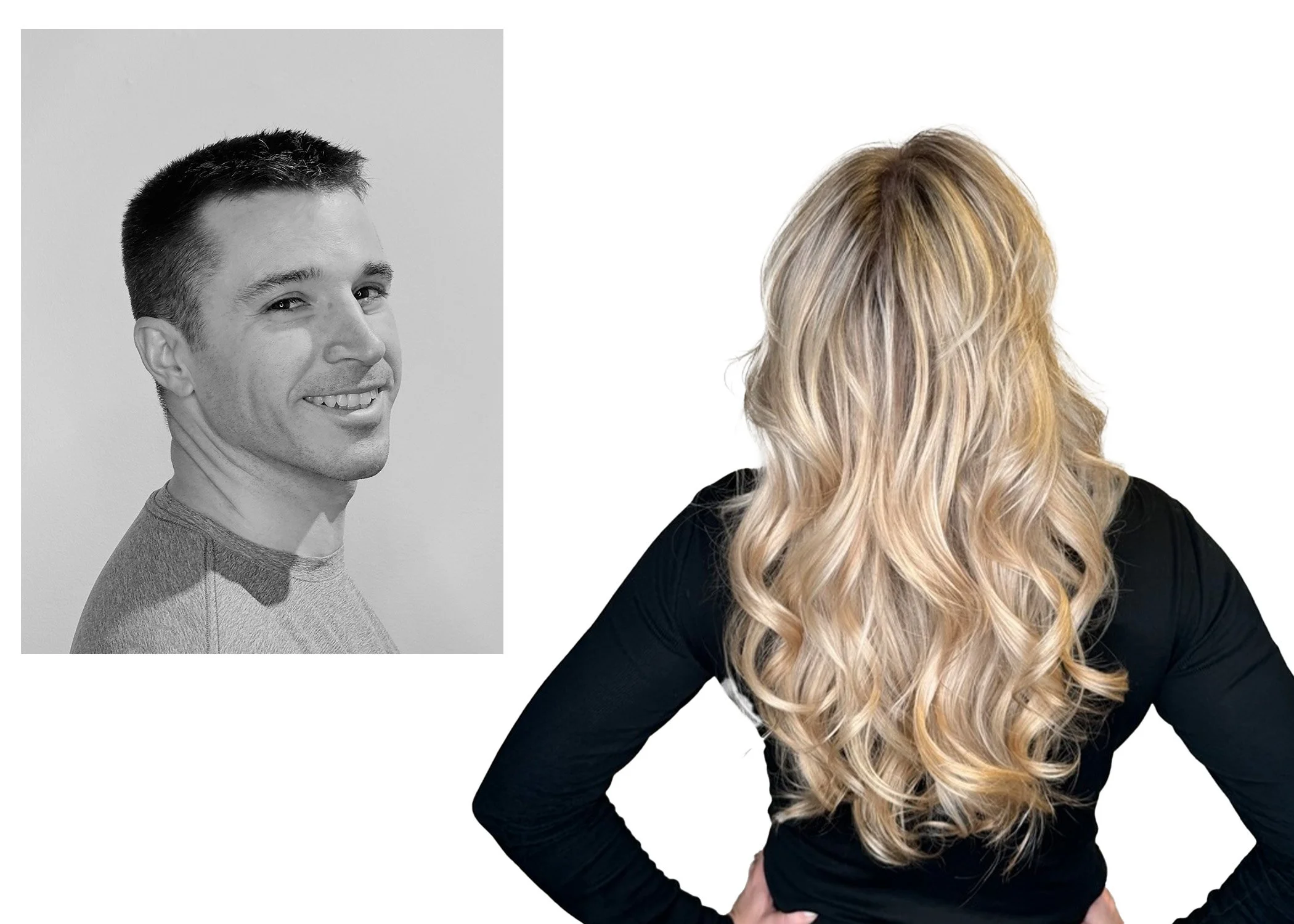 Short men's haircut and woman's long textured waves