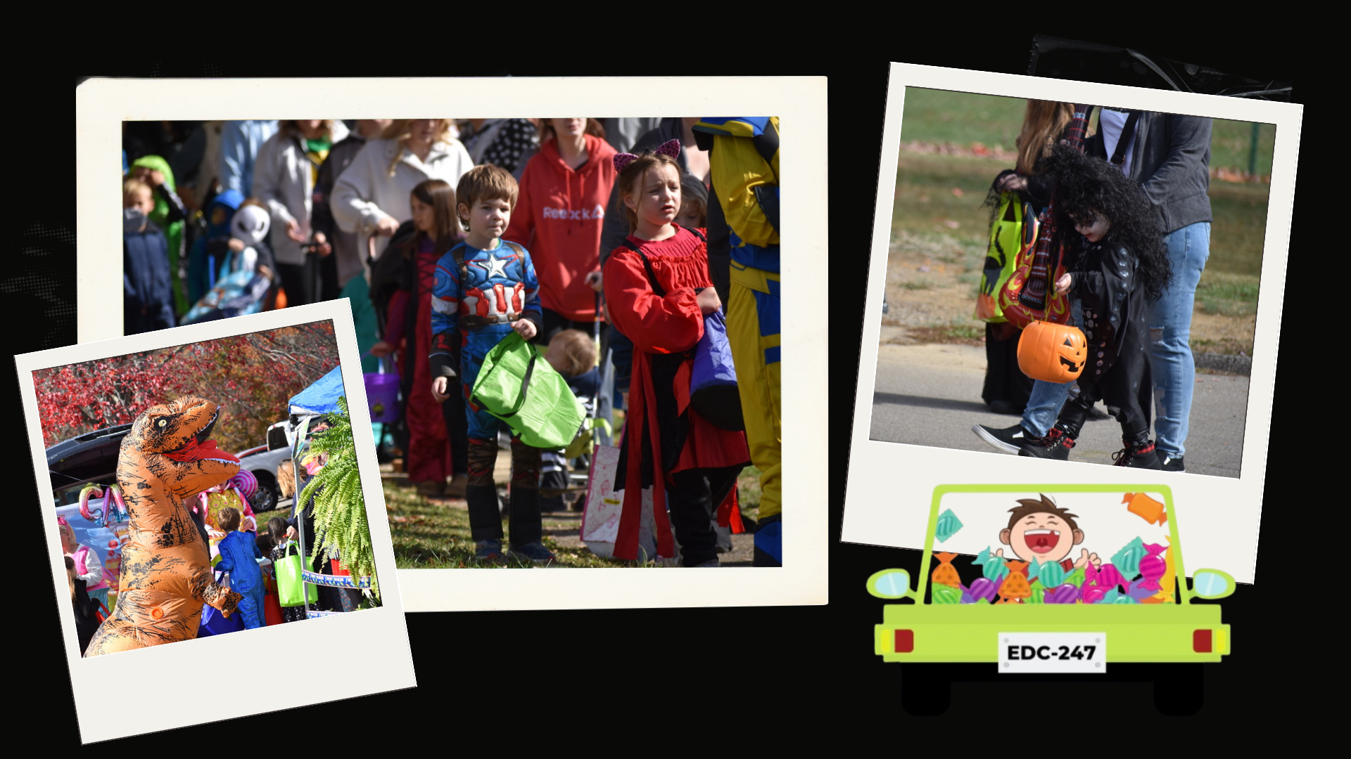 Children in Halloween costumes trick-or-treating at a parade, some with bags and pumpkins, with a mounted dinosaur costume and a decorative car with a happy cartoon face filled with candies.