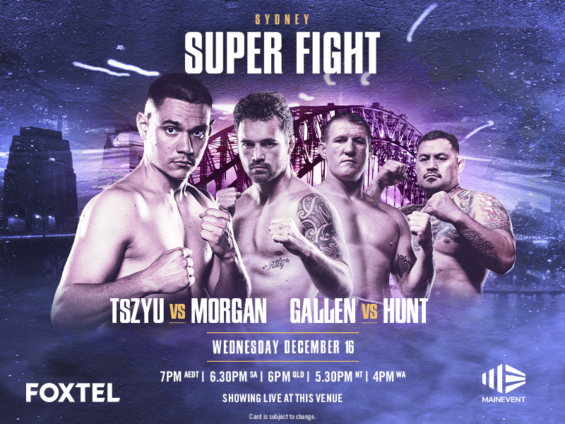 Watch Tszyu v Morgan + Gallen v Hunt live on the big screens at Souths Leagues Club!  Enjoy cold beers and bevs in the aircon whilst you watch the Sydney SUPER FIGHT live on the big screen!  We are also giving away a share in $20,000 cash across November &amp; December for our Kiss 2020 Goodbye Major Promotion. This is your perfect chance to come in and earn more entries in the draw to win!