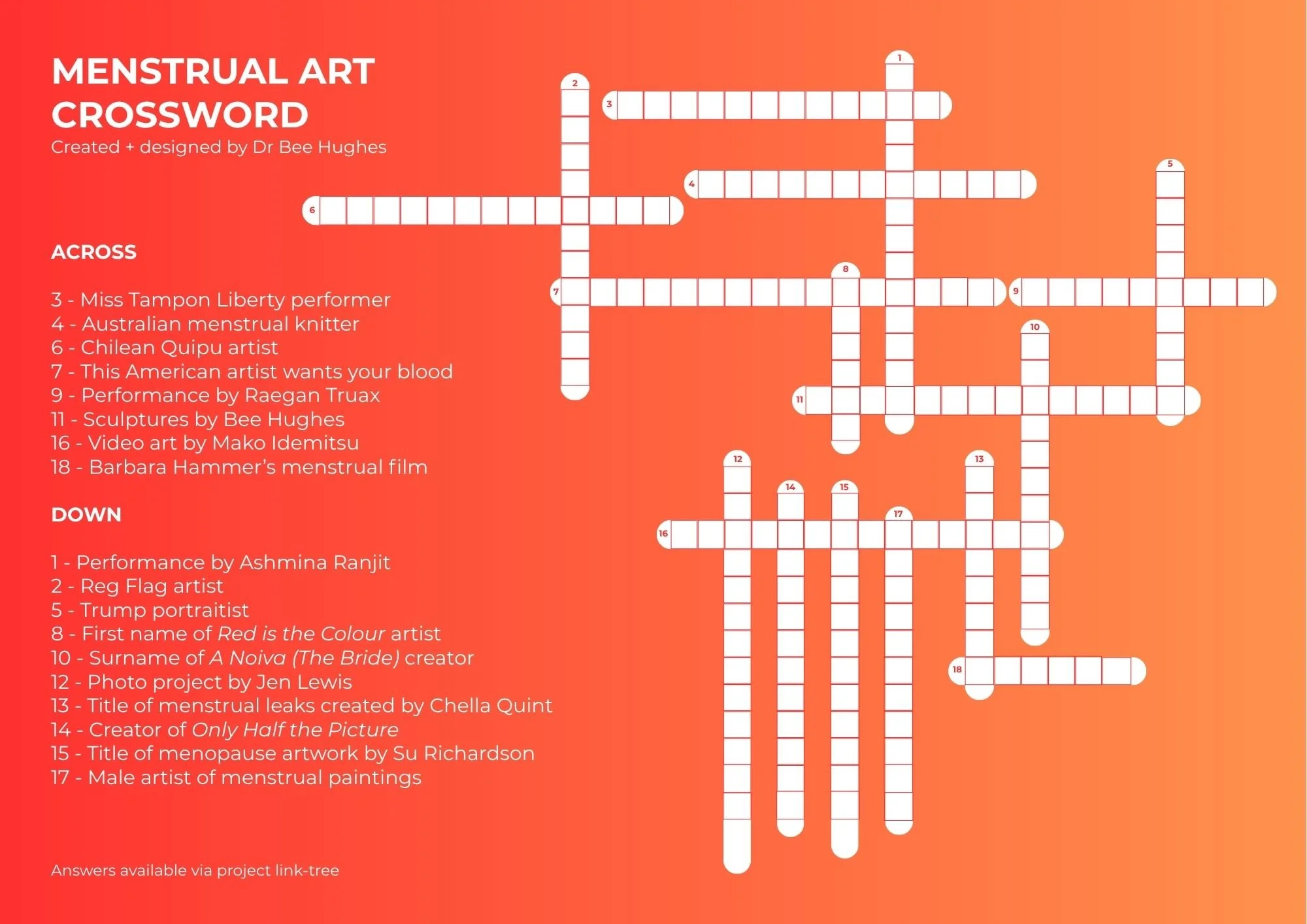Image of the Menstrual Art Crossword created by Bee Hughes. White crossword shape on a red-orange background. Please contact Bee for other formats.