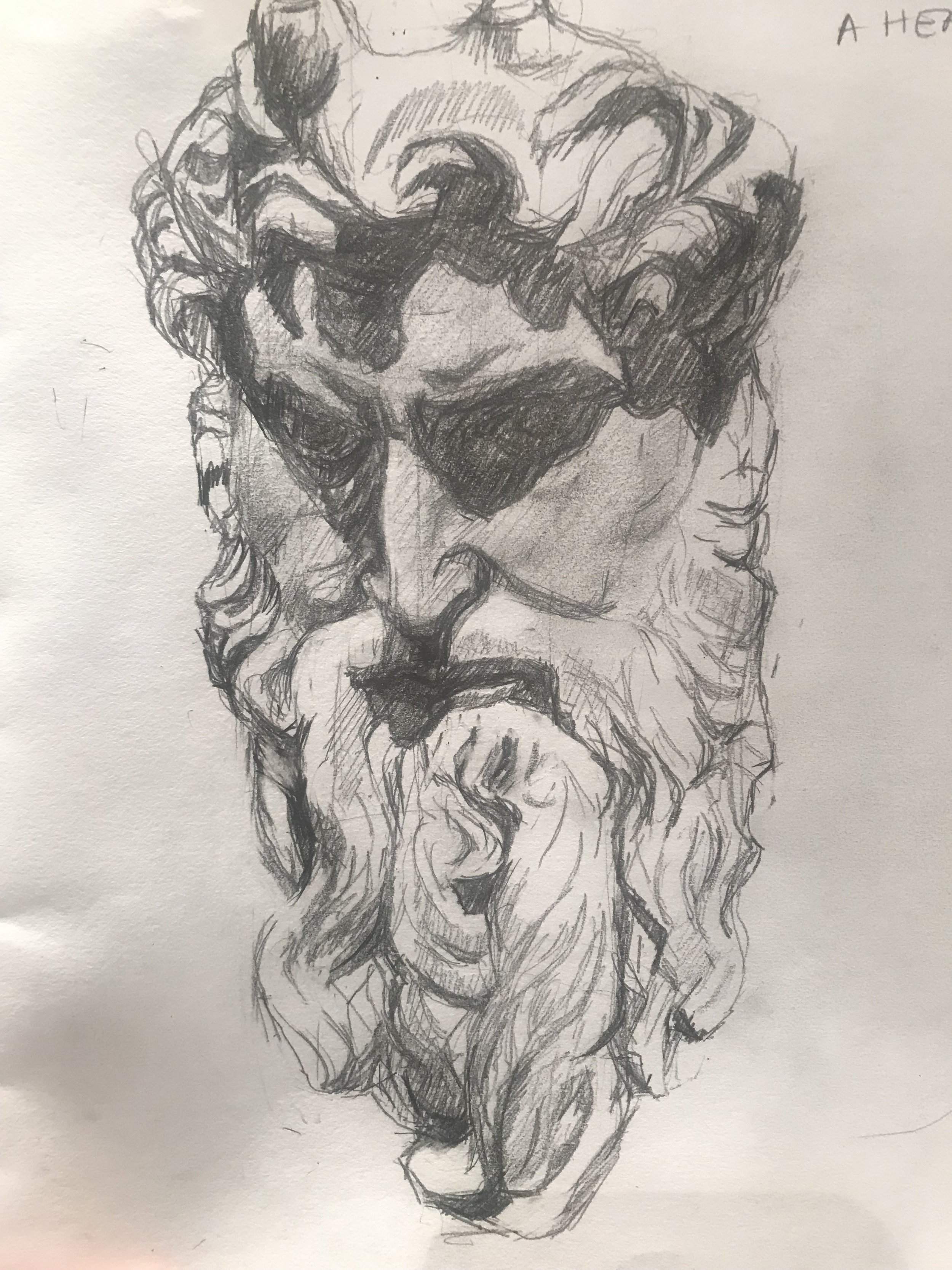 Study of the cast head of Moses at V&A Museum. Paper and pencil.