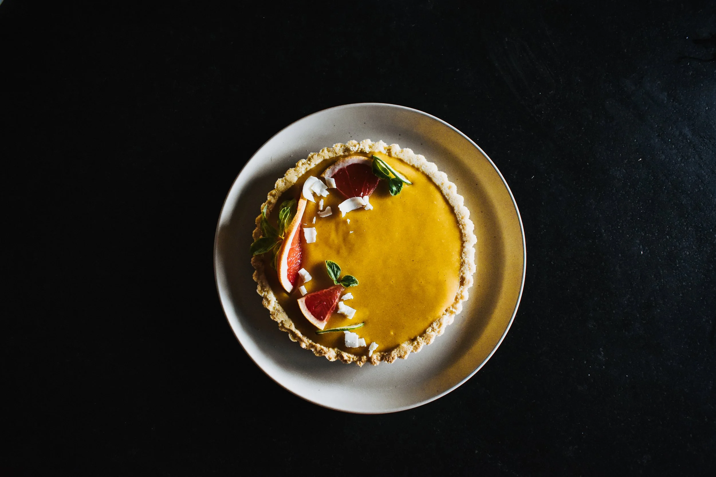 Passion Fruit Tart with White Chocolate, Grapefruit &amp; Fresh Basil