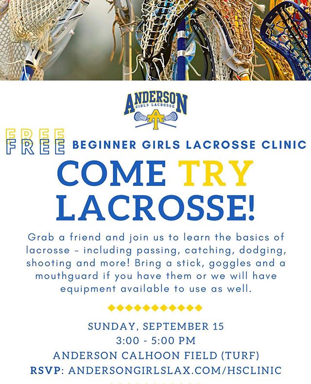 Grab a friend and come out to our beginner clinic for high school students today from 3-5pm at Anderson’s Calhoon Field. Coach Ross will go over the basics of lacrosse and extra equipment will be available if you don’t have a stick or other gear. @sticksup
