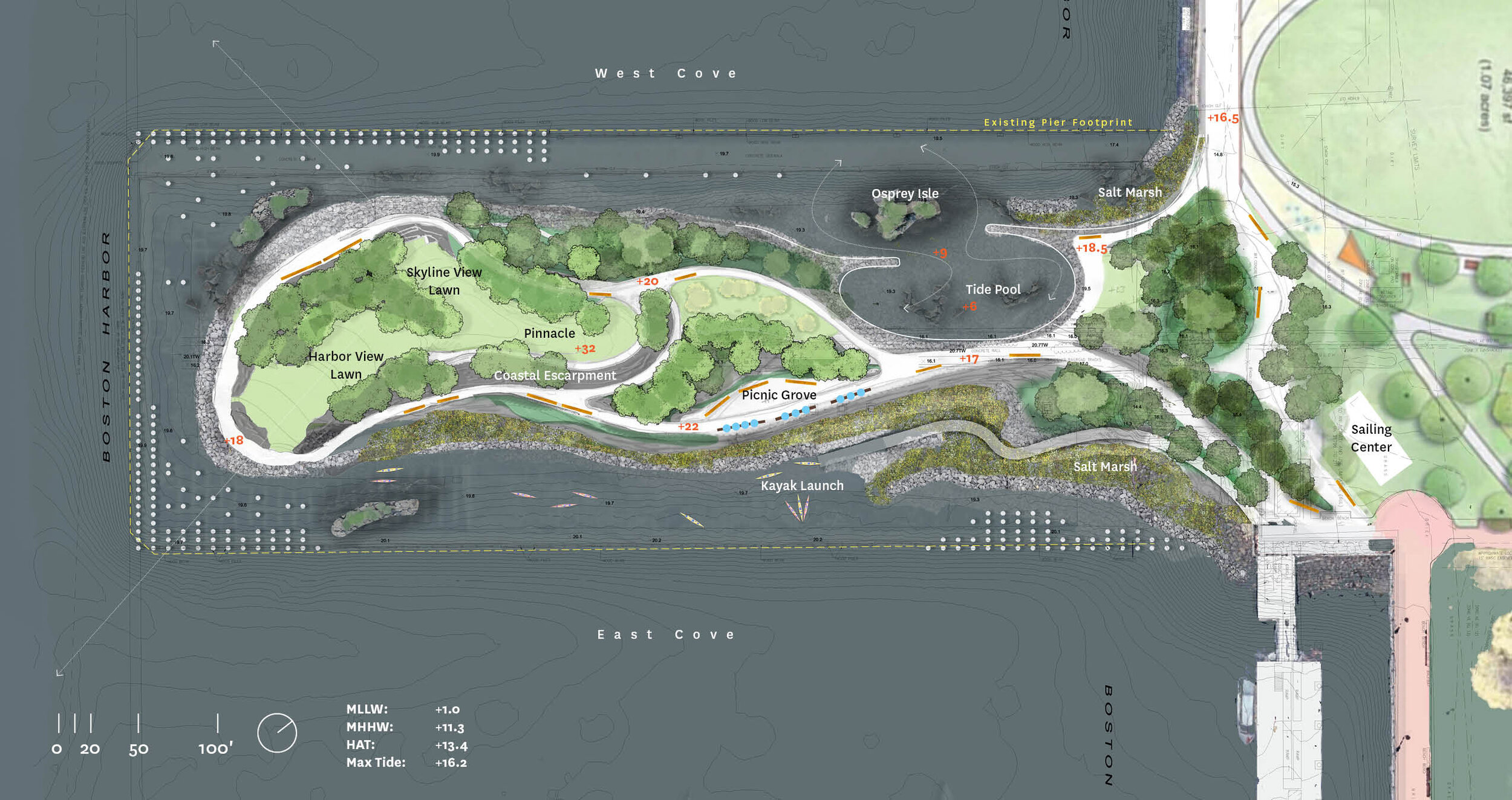 Arriba: El primer borrador de un diseño para Piers Park III (haga clic para ampliarlo)