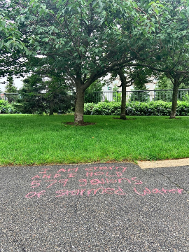 This photo was taken when we did some work with Speak for the Trees. We were learning about different trees and how they help the environment. Also, how we wrote it all down in chalk on the ground so people can read about them. -Kevin 