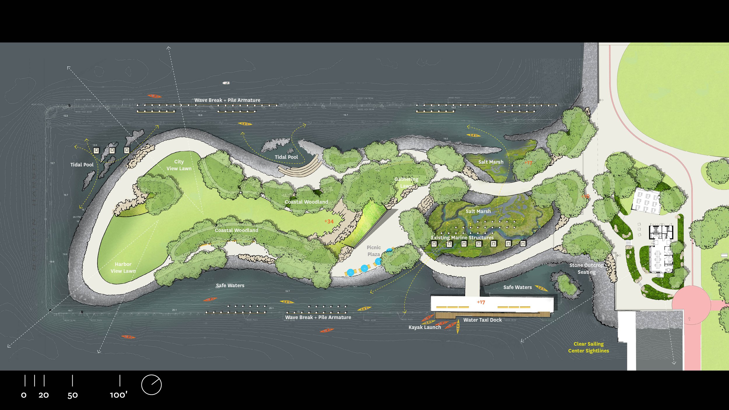 El segundo borrador de un diseño para Piers Park III (MVVA, Inc. para The Trustees of Reservations)