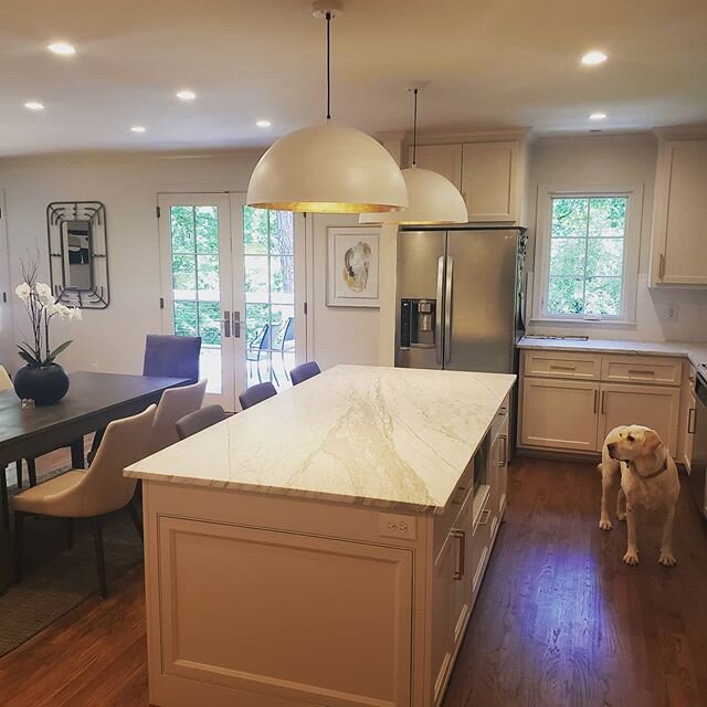 Just finishing this kitchen, living room, and deck addition for this lovely family. 
#kitchen #island #scones #brass #cablerailing #remodeling #dogsofinstagram