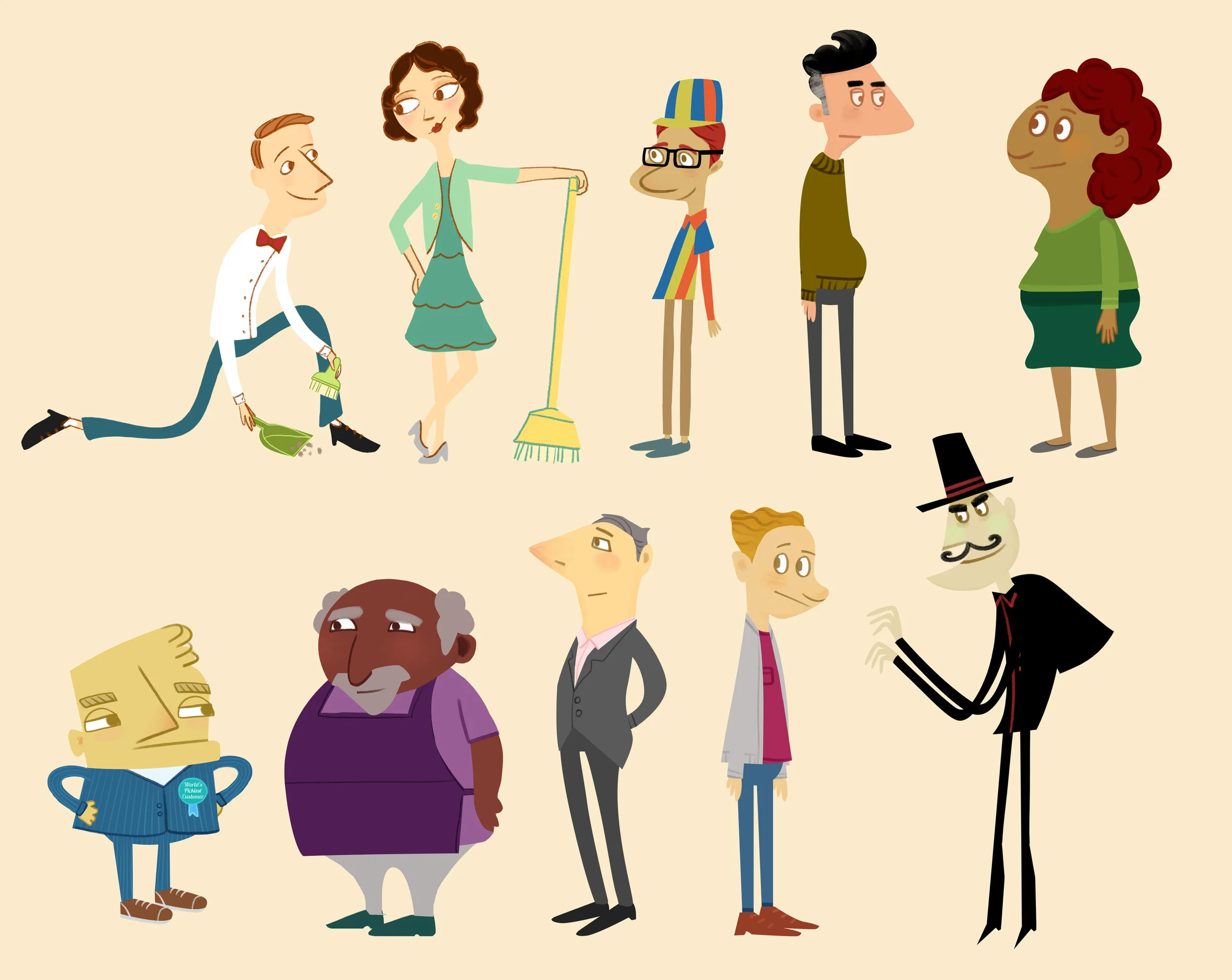 Character designs for ““Hot Shoppe” video series for Marriott Hotels with FableVision Studios