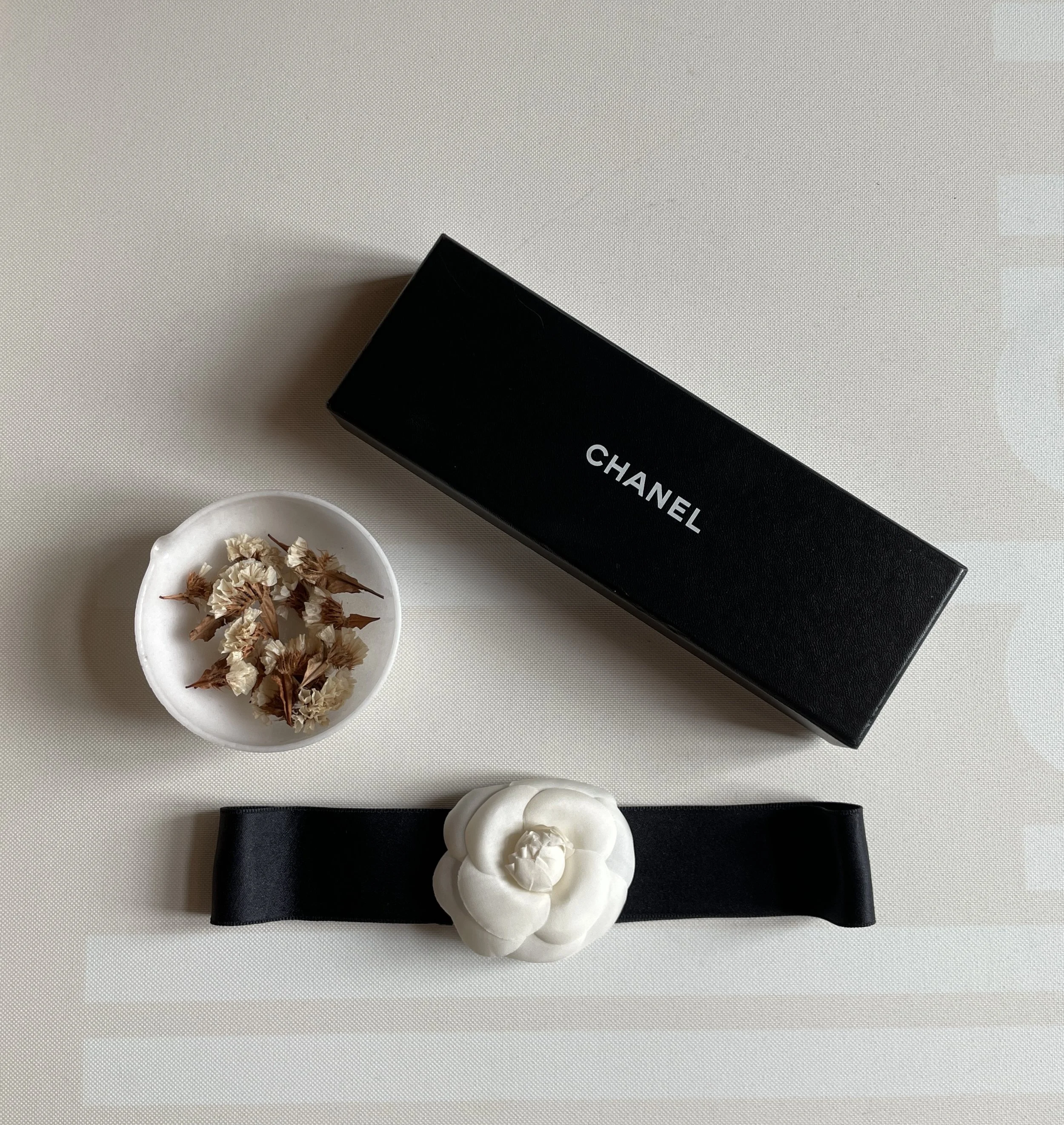 White Camellia Handcrafted Headband Chanel Black Satin White Camellia Headband — Mia Luxury Vintage main image 2