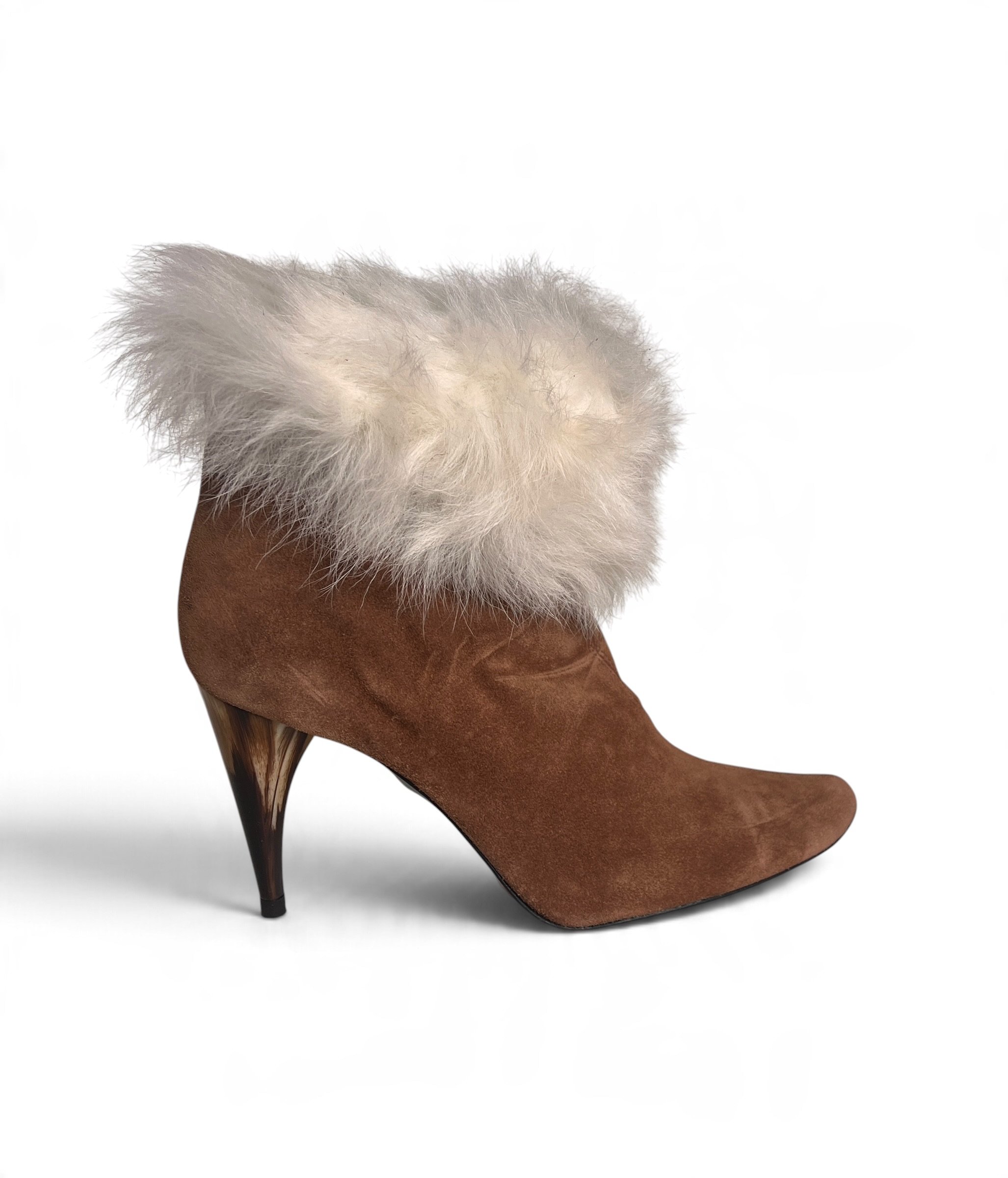 Charles Jourdan Camel Suede & White Fur Ankle Boots